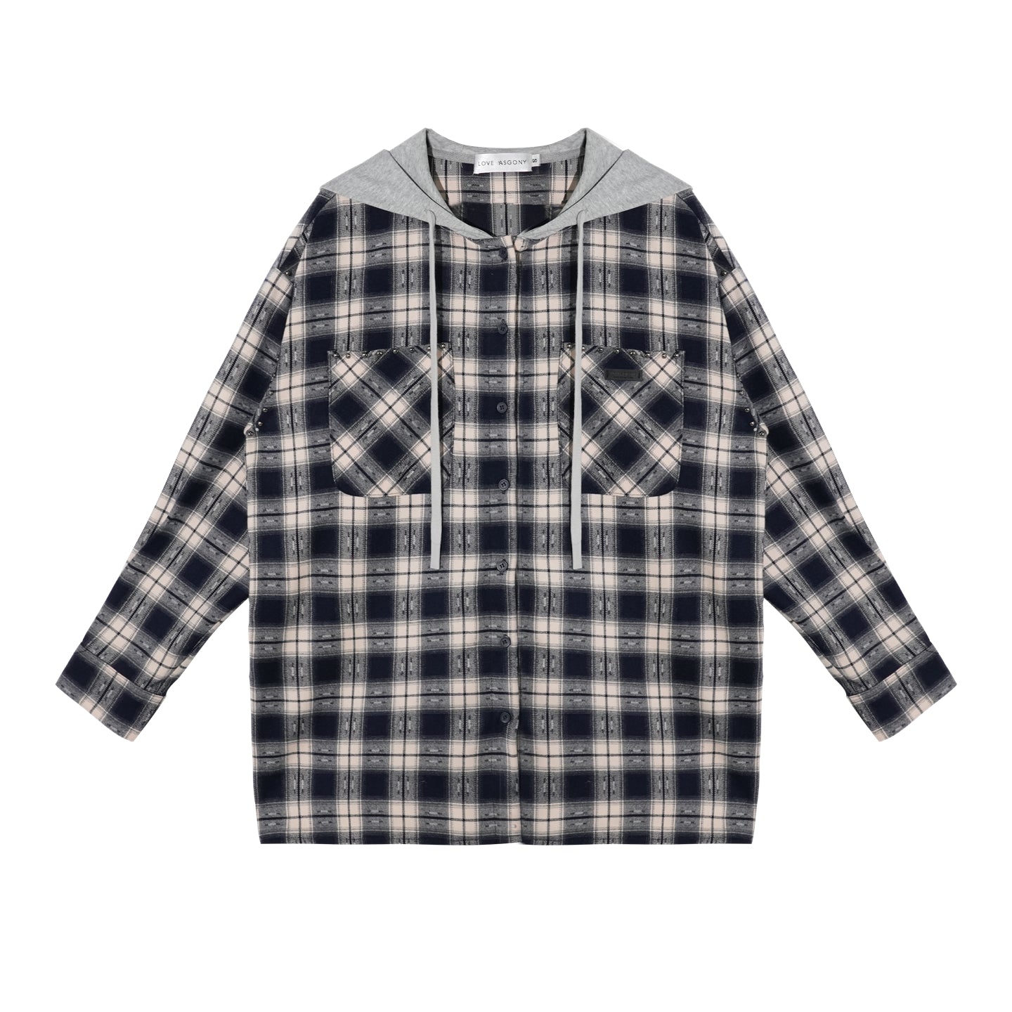 AsGony Retro Plaid Colorblock Hooded Shirt