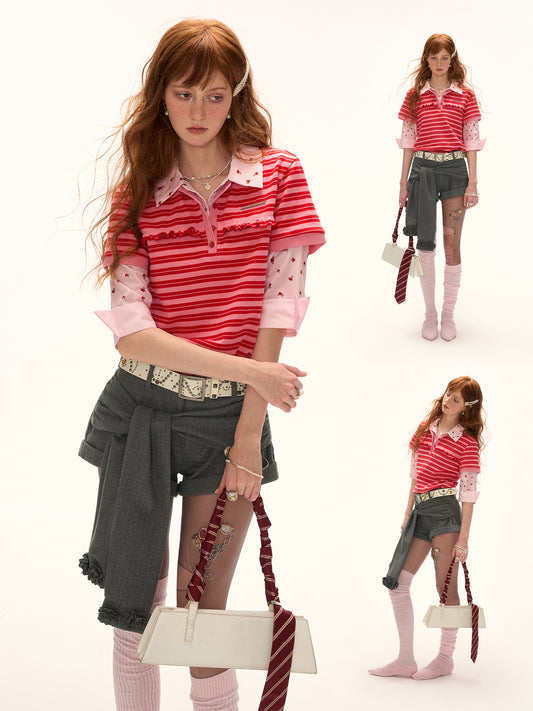 MAMC Red Striped Mock Two-Layer Polo Tee