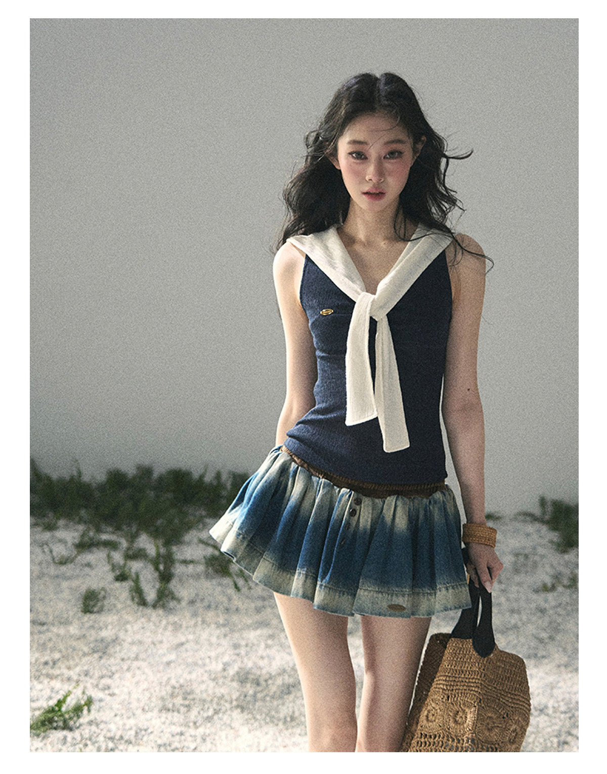 ShaoYeYan Aomalm Sea Breeze & Wheat Waves Fake Two-Layer Sailor Tee