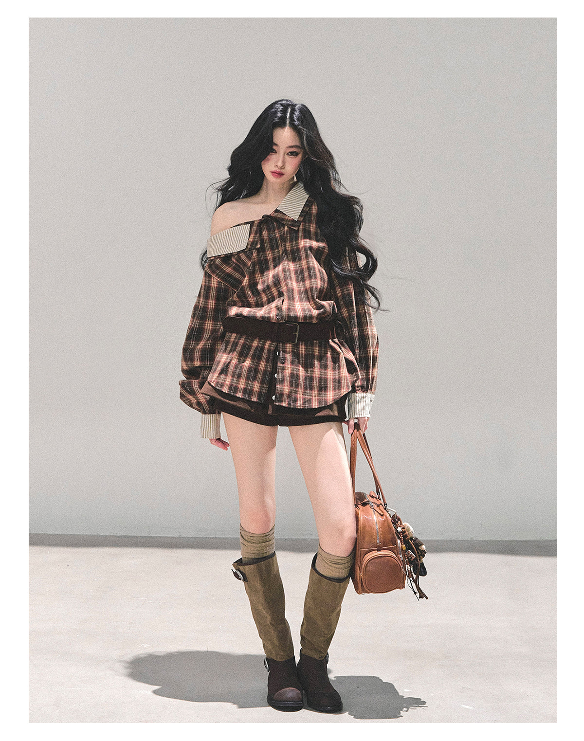 ShaoYeYan Streets She Passed Off-Shoulder Plaid Shirt