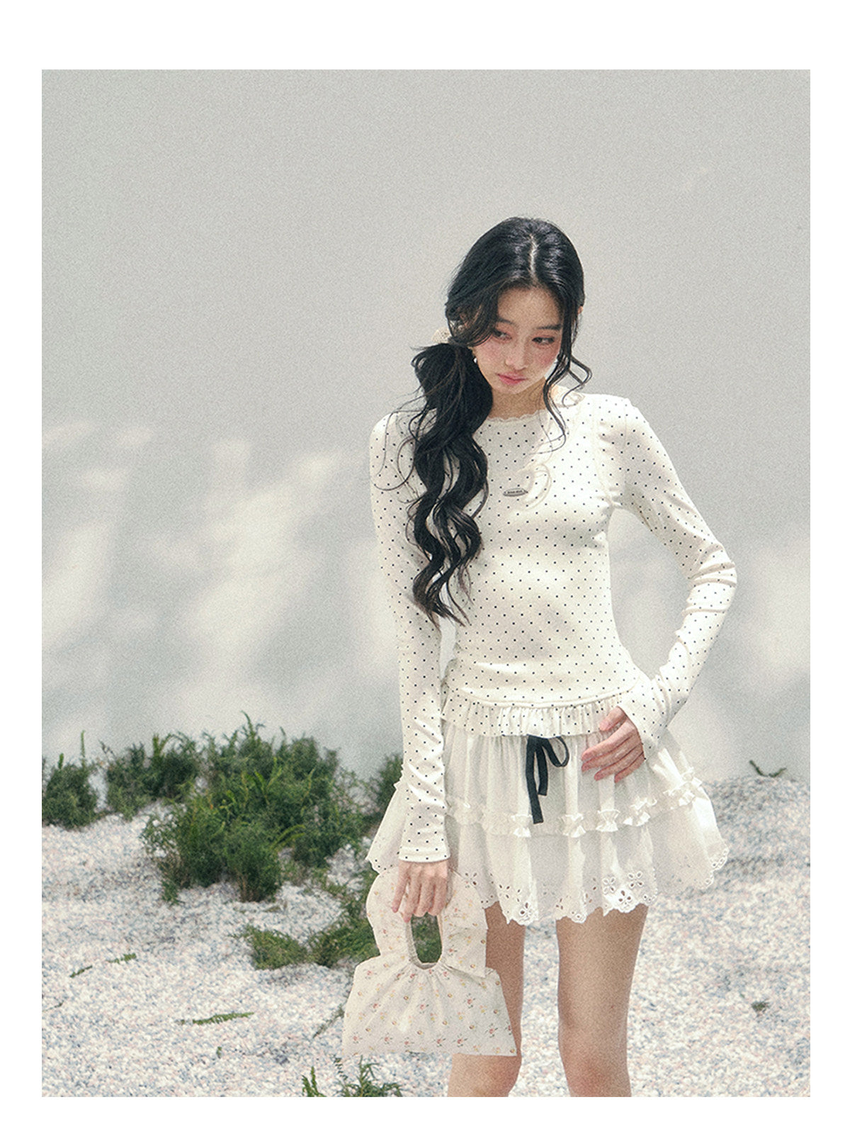 ShaoYeYan Aomalm Milk-Sweet Art Student Fake Two-Layer Polka Dot Tee