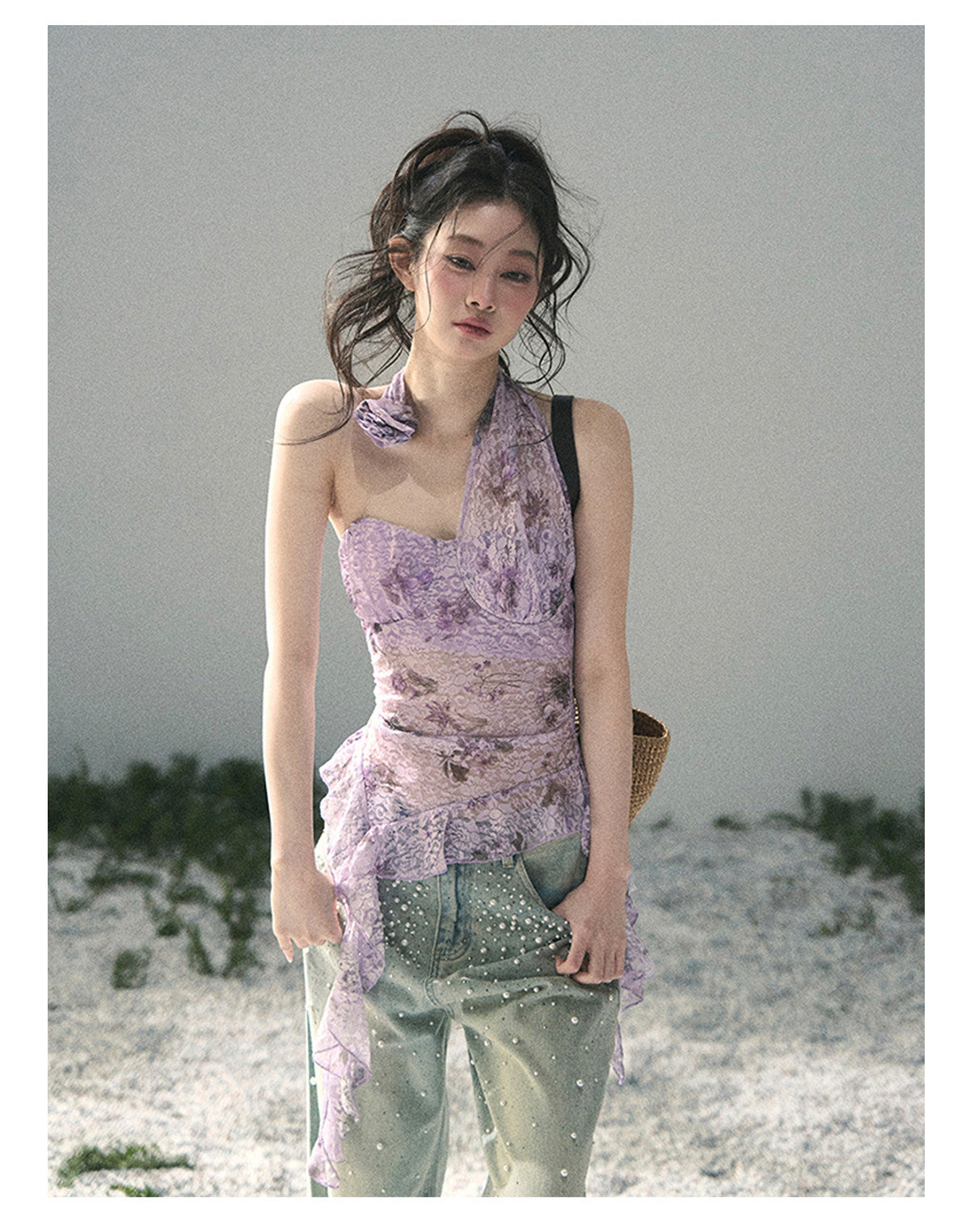 ShaoYeYan Aomalm Bauhinia Blooms Asymmetric Sheer Ribbon Top