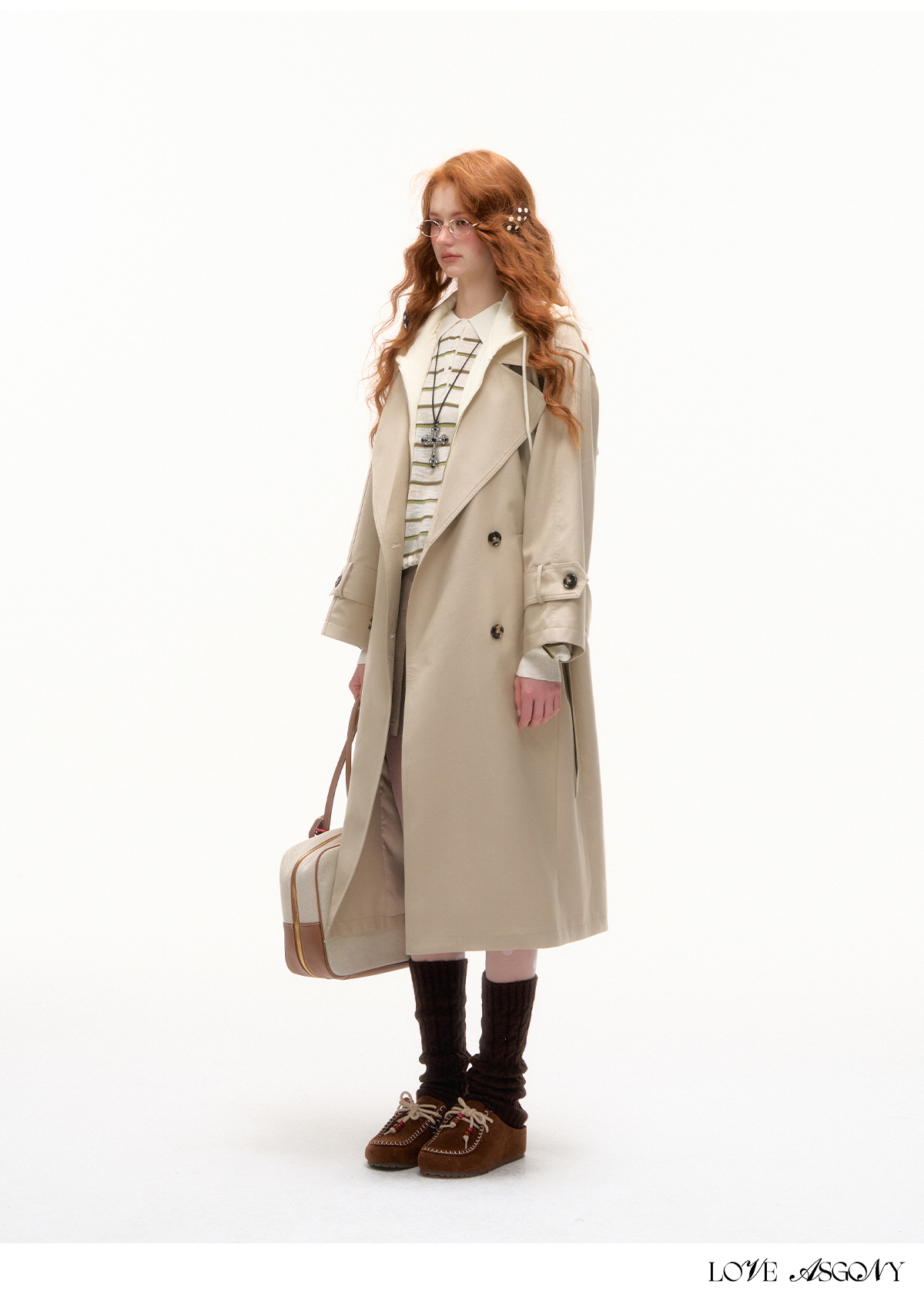 AsGony British Style Fake Two-Tone Long Trench Coat