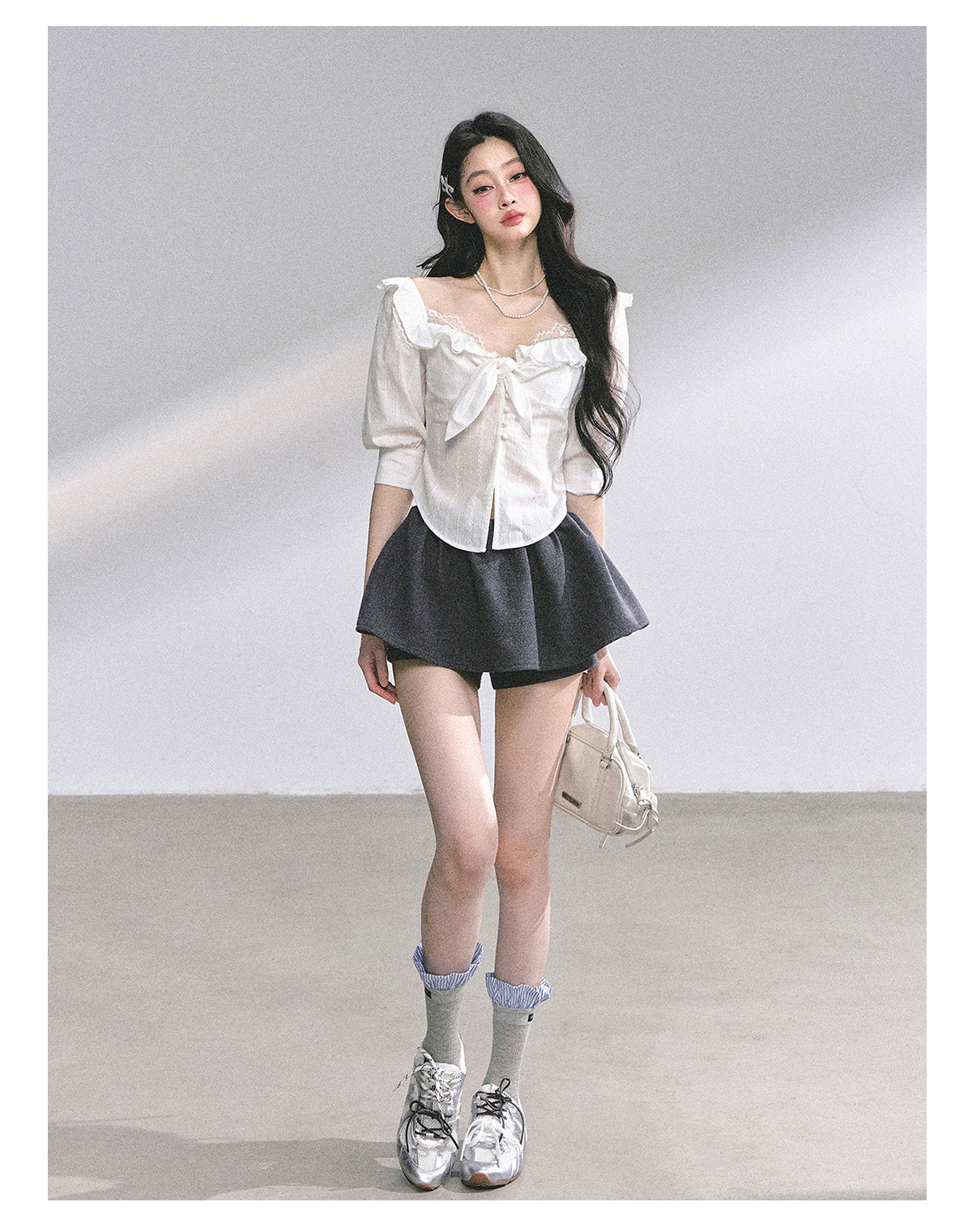 SHAOYEYAN French White Lace Waist-Defining Blouse