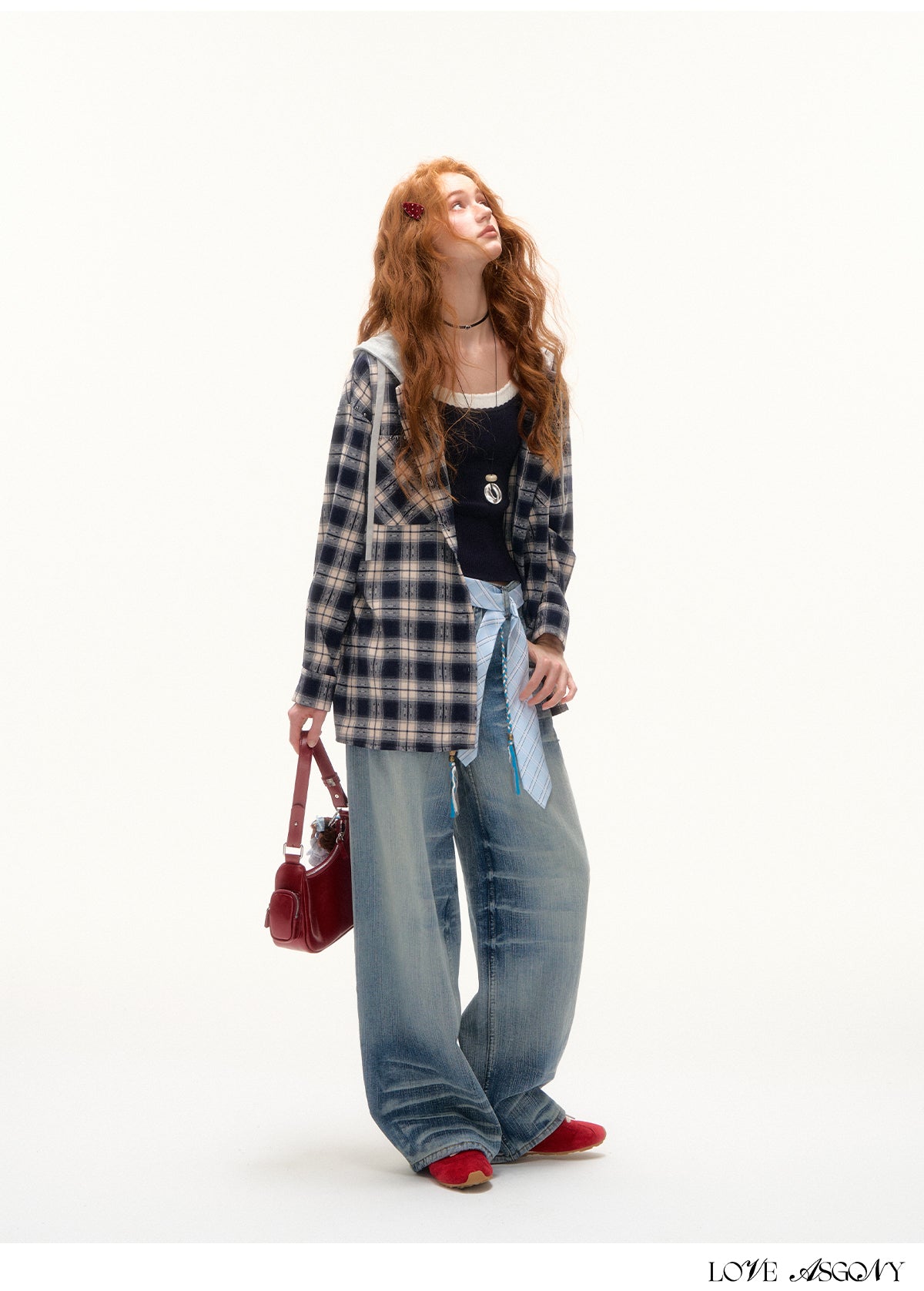 AsGony Retro Plaid Colorblock Hooded Shirt
