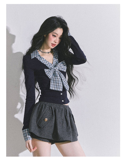 ShaoYeYan Ivy Plaid Verse Fake Two-Layer Bow Plaid T-Shirt