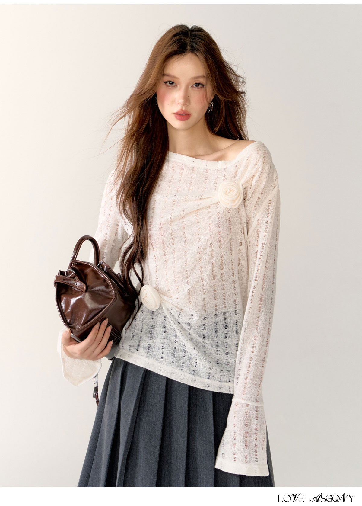 AsGony Hollow-Knit 3D Floral Sweater