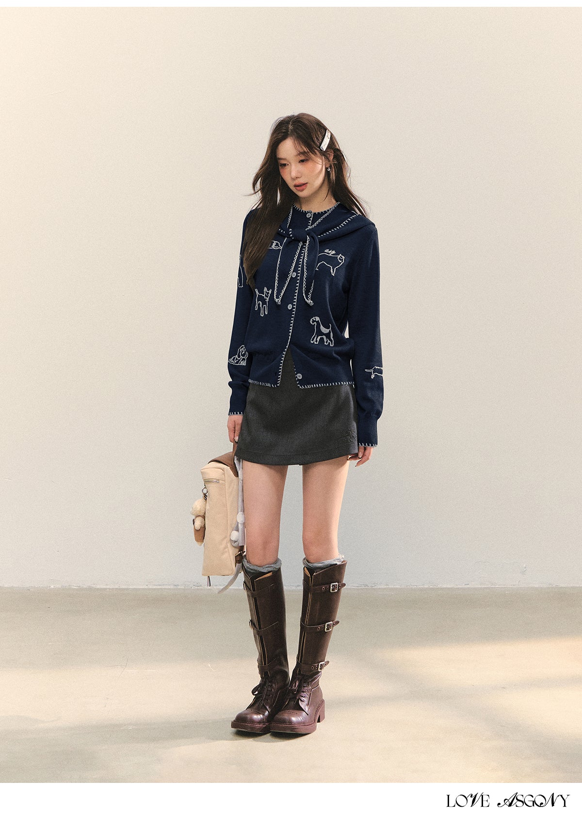 AsGony Puppy Embroidery Trim Hooded Knit Set