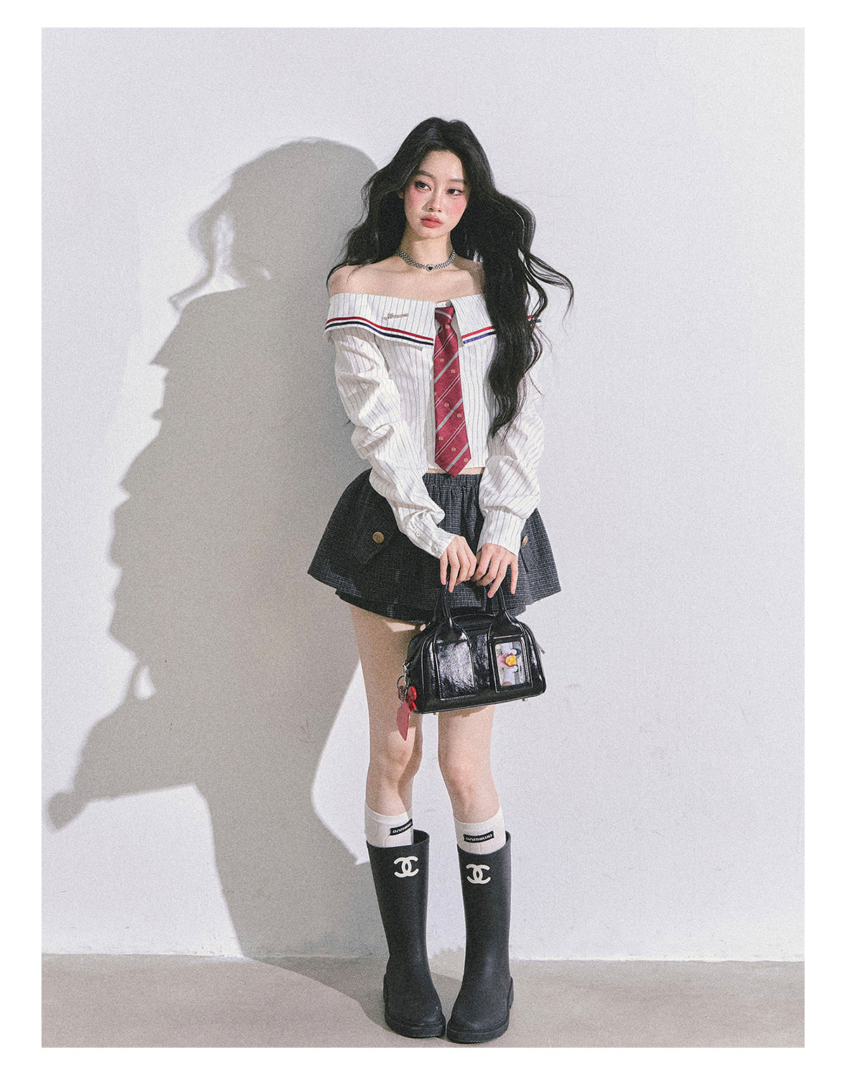 ShaoYeYan Seoul Art Student Off-Shoulder Striped Shirt