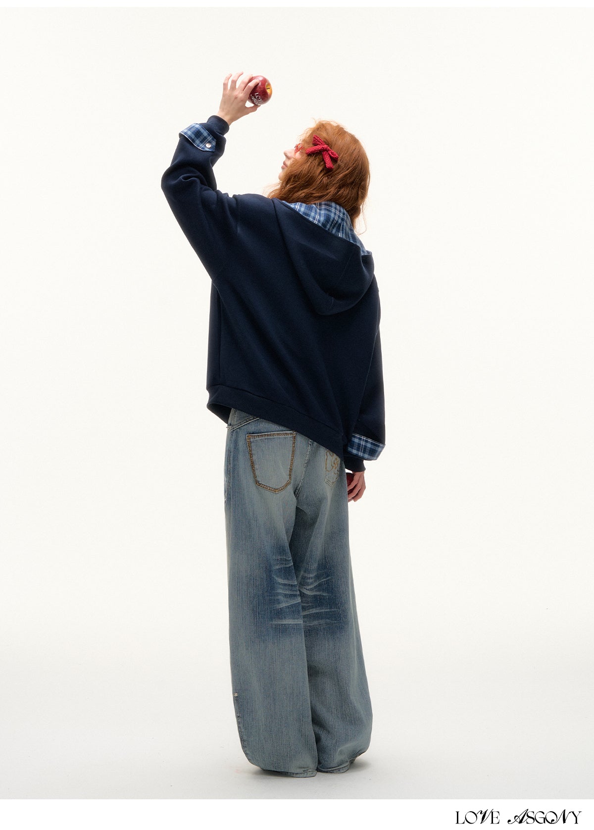 AsGony Plaid Panel Oversized Hooded Zip-Up