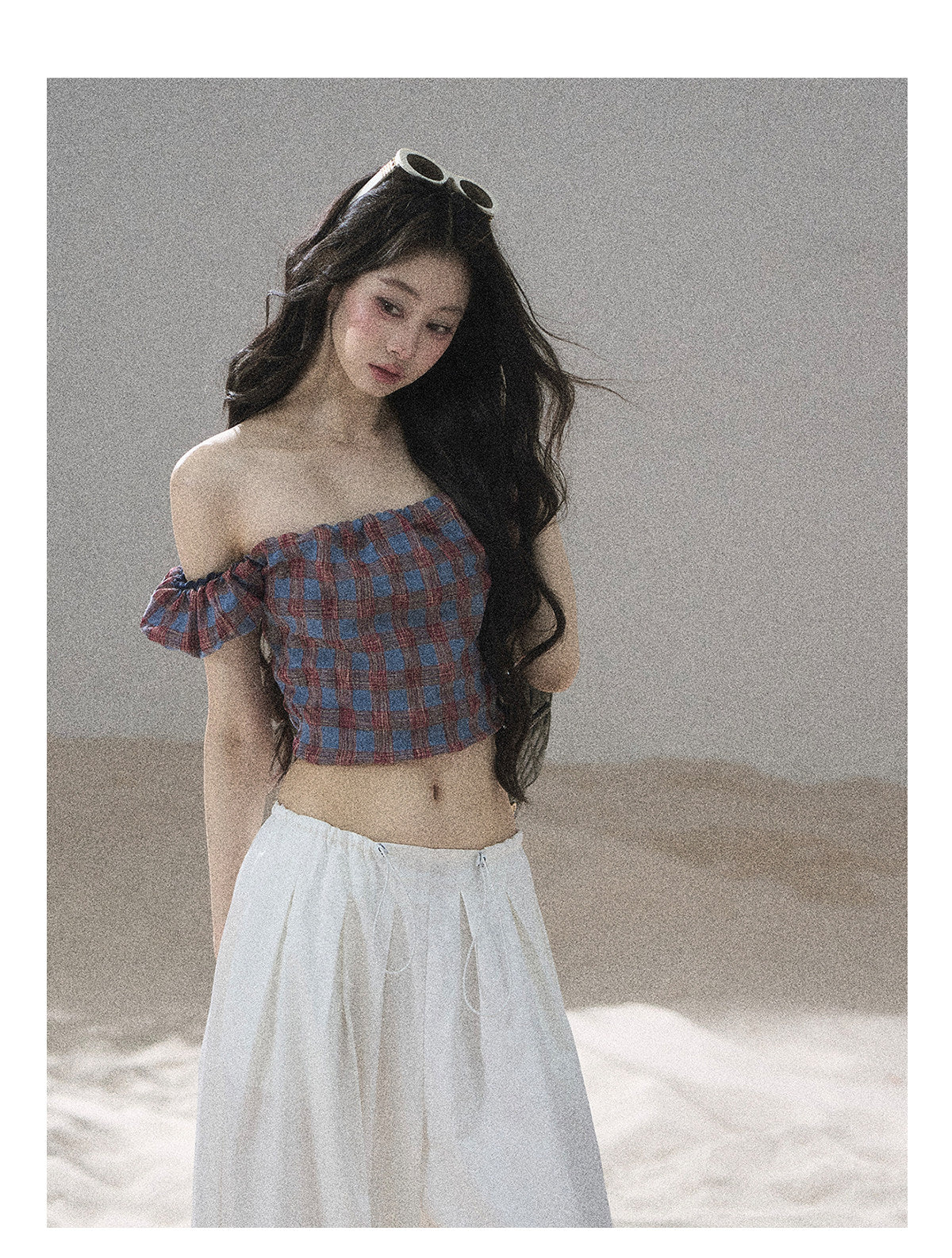 ShaoYeYan Aomalm Plaid Old Times Off-Shoulder Short Sleeve Top
