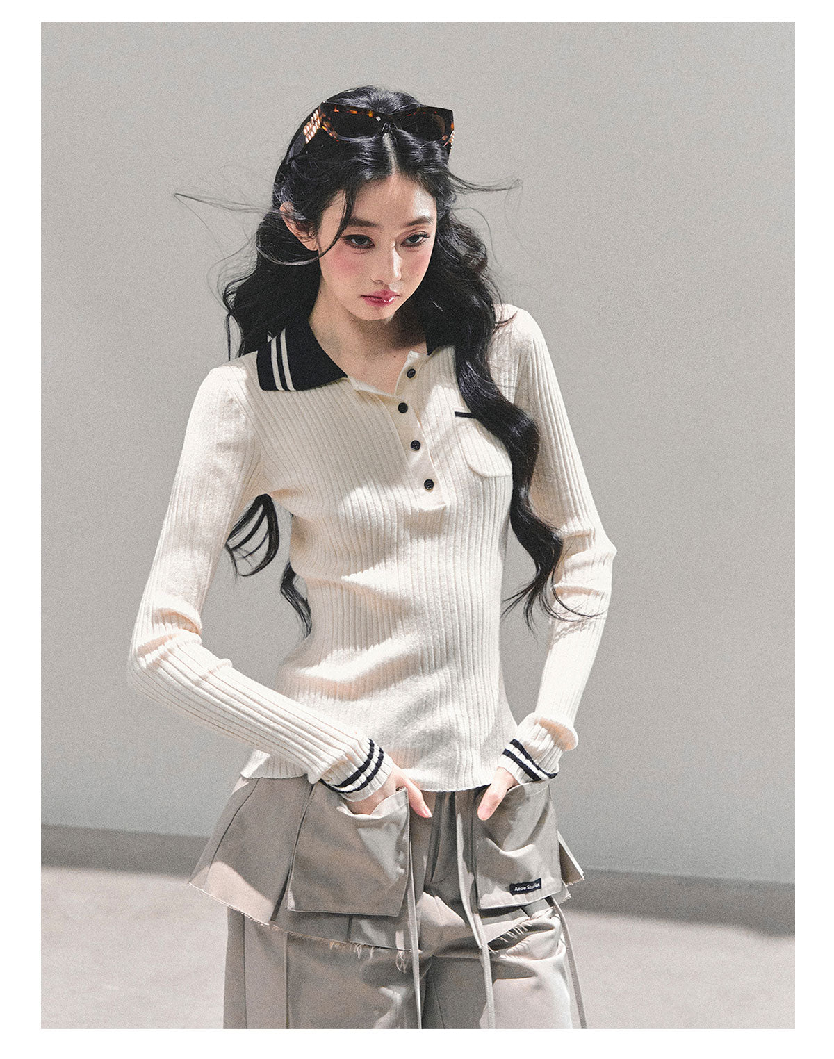 ShaoYeYan Wendy's Letter Long Sleeve Polo Knit Sweater