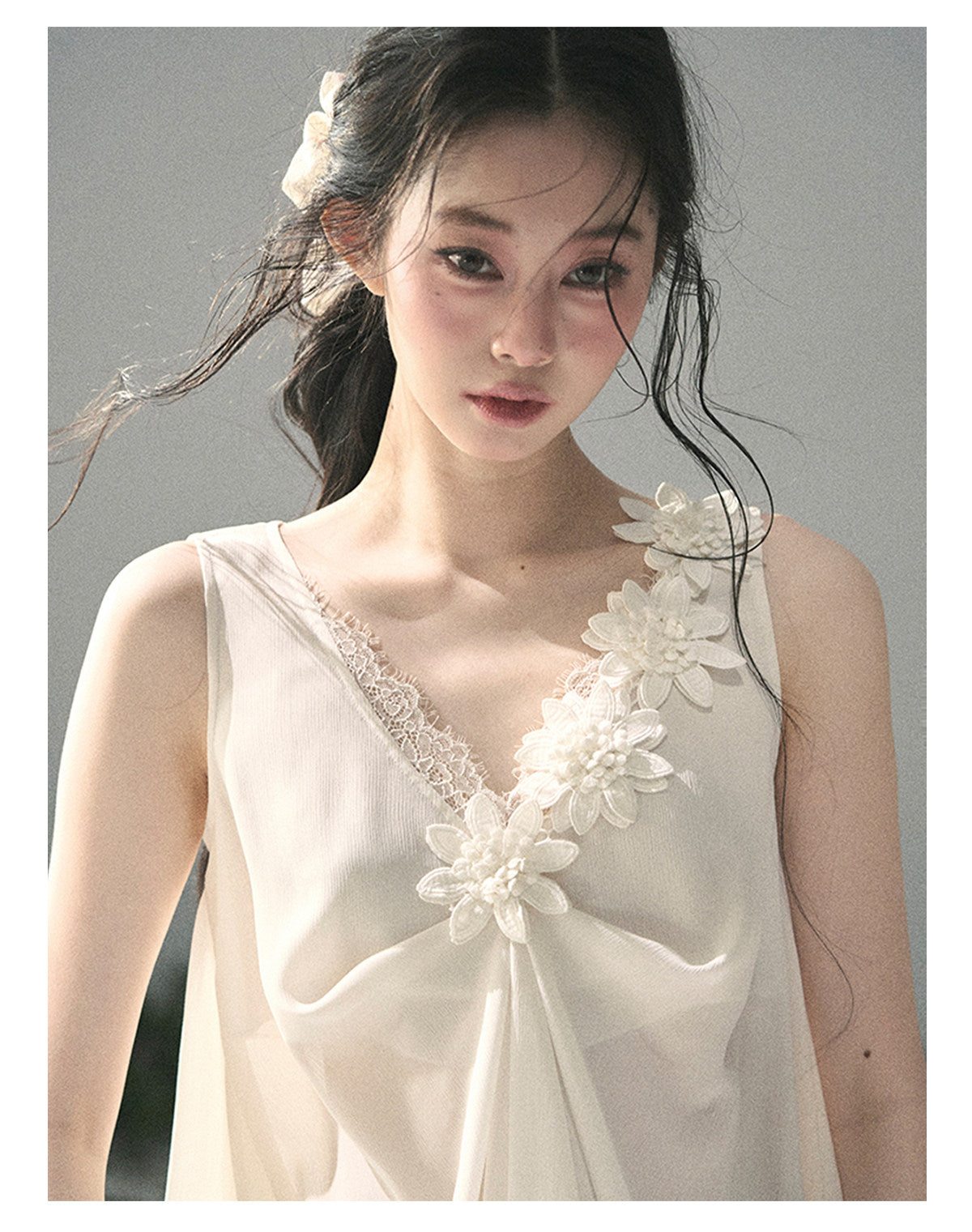 ShaoYeYan Aomalm Mute Rose French 3D Floral Sheer Lace Top
