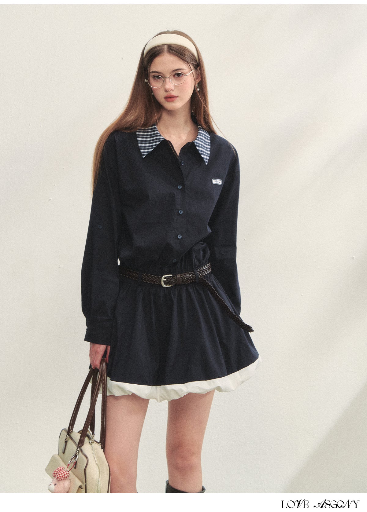 AsGony Plaid Collar Black Long Sleeve Shirt Dress