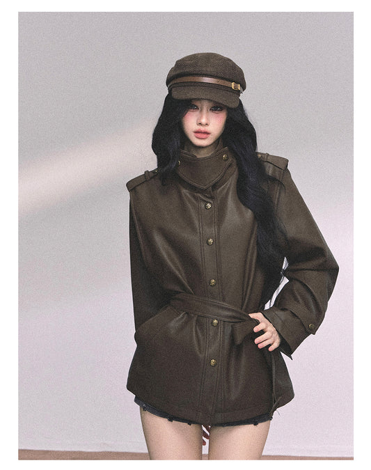 ShaoYeYan UK Time Zone Loose Fit Biker PU Leather Jacket