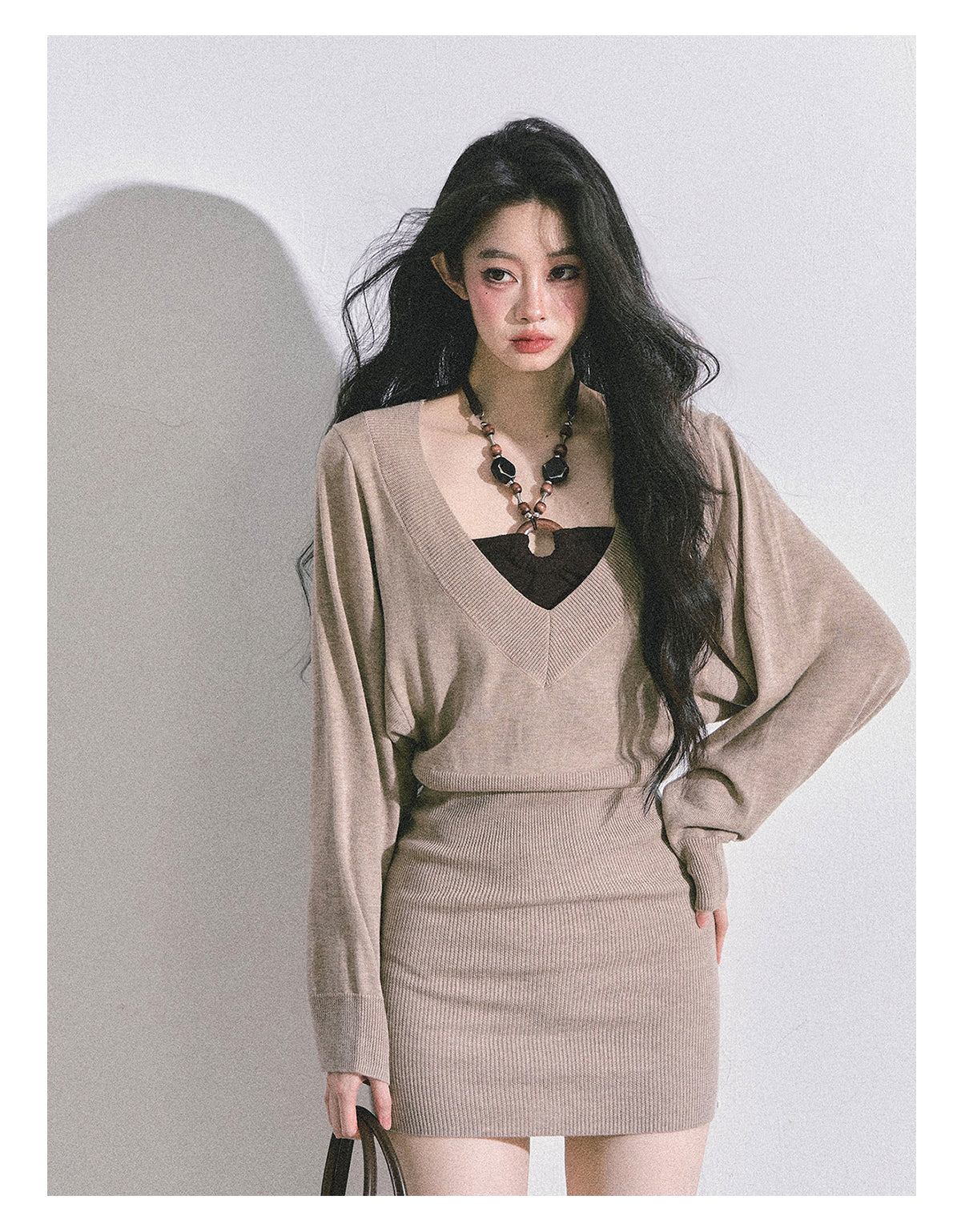 ShaoYeYan Golden Sweetie French Long Sleeve Knit Dress (included innerwear)