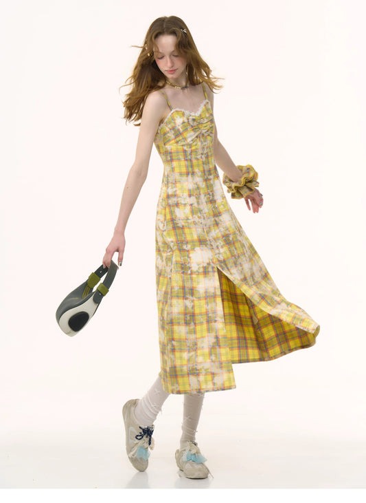ziziFei Retro Yellow Plunge Neckline Dress