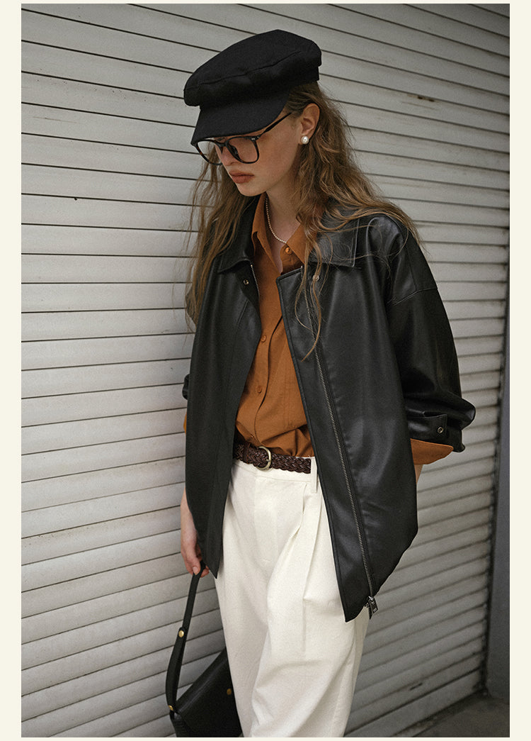 HAVERICE Classic Soft Leather Zip-Up Coat