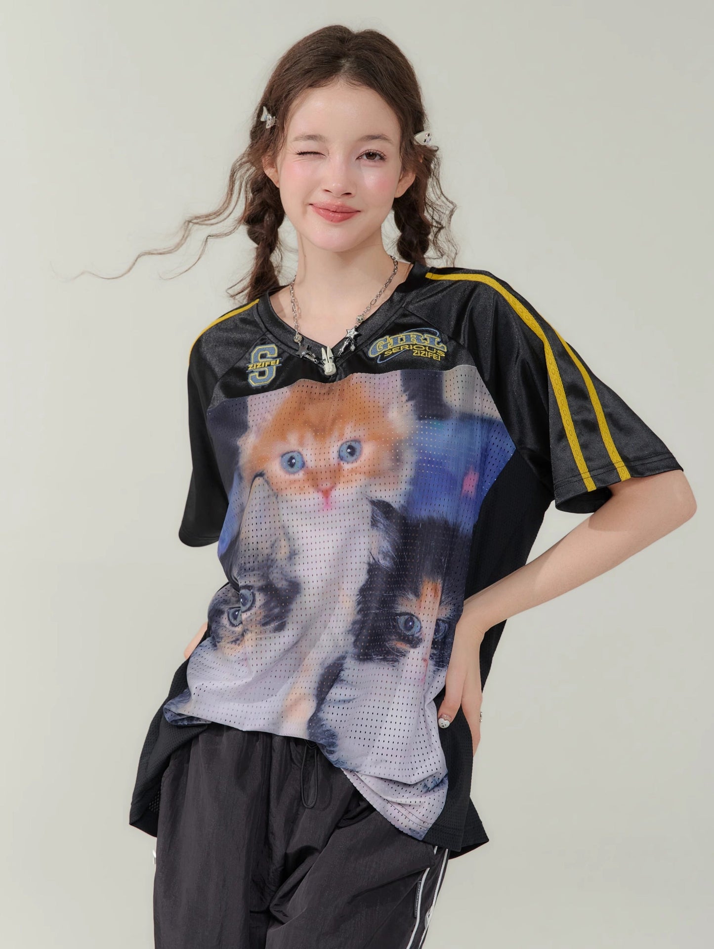 ZiziFei Vintage Cat Print T-Shirt
