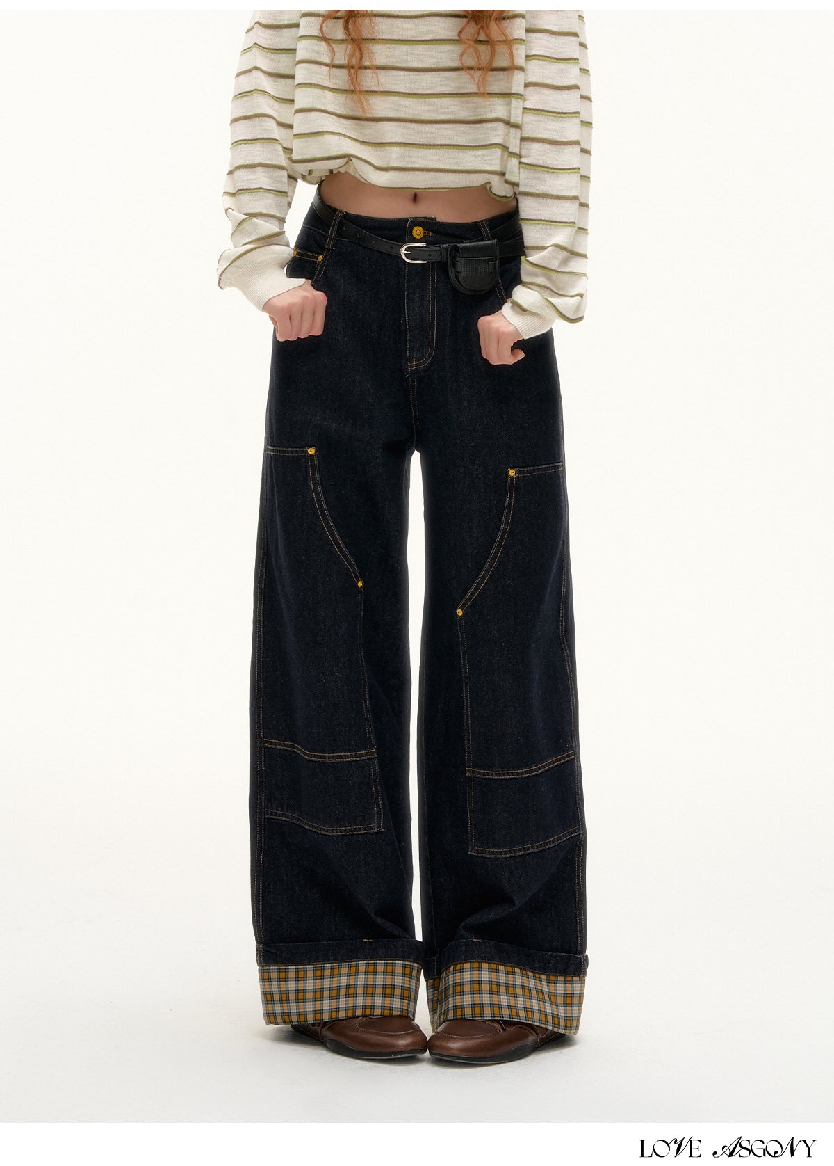 AsGony Black Plaid Panel Wide-Leg Jeans