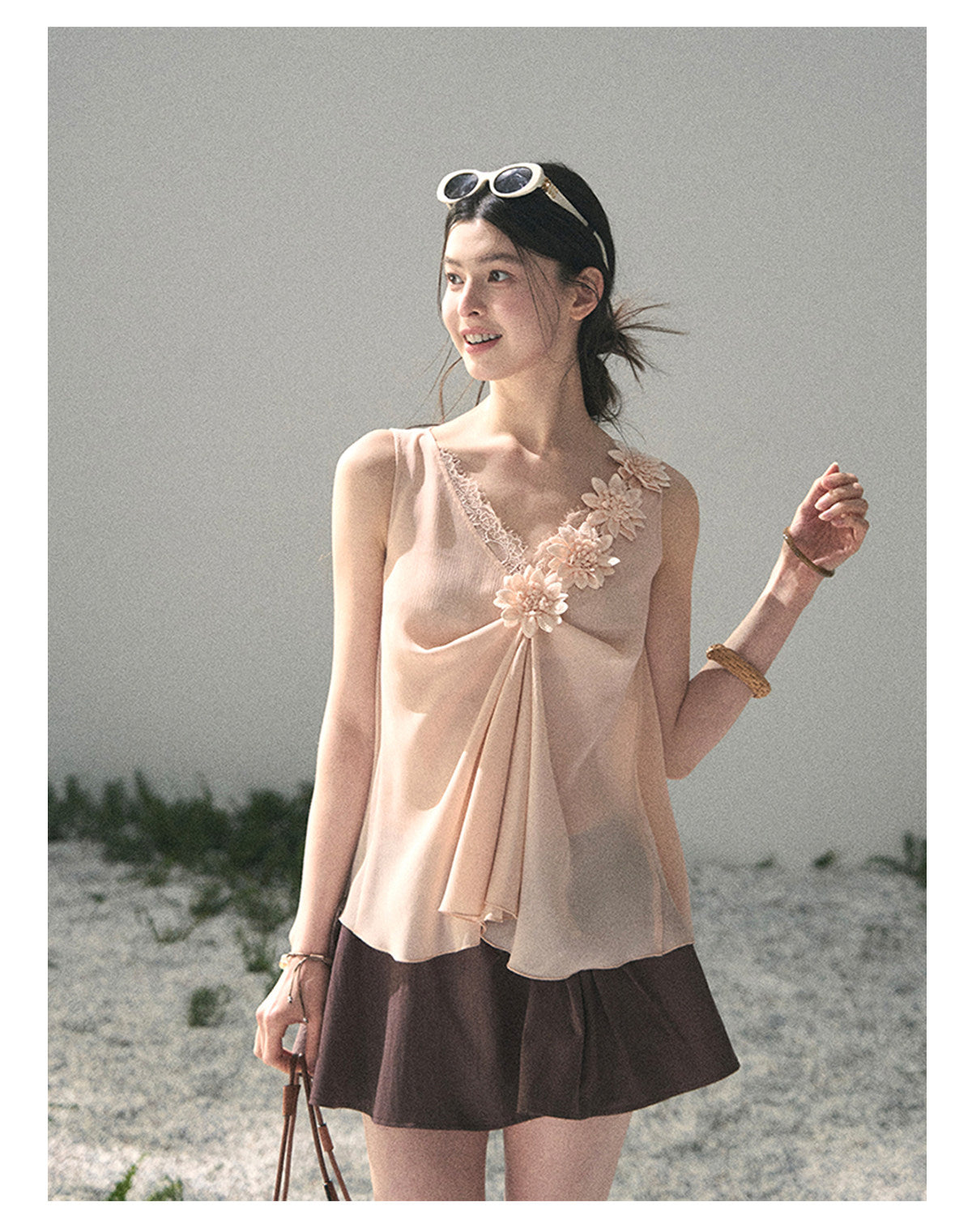 ShaoYeYan Aomalm Mute Rose French 3D Floral Sheer Lace Top