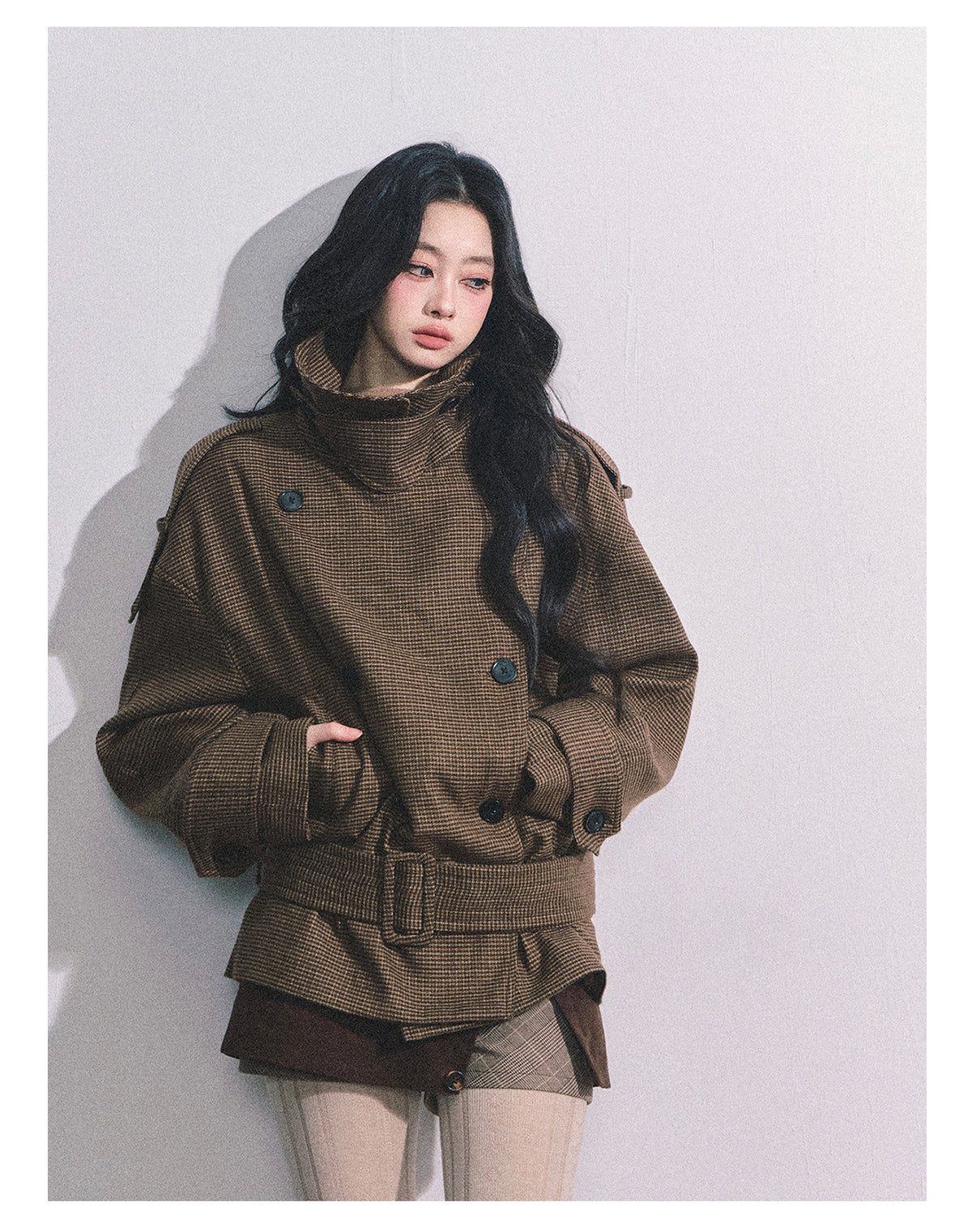 ShaoYeYan Sunset Harbor French British Style Plaid Trench Coat