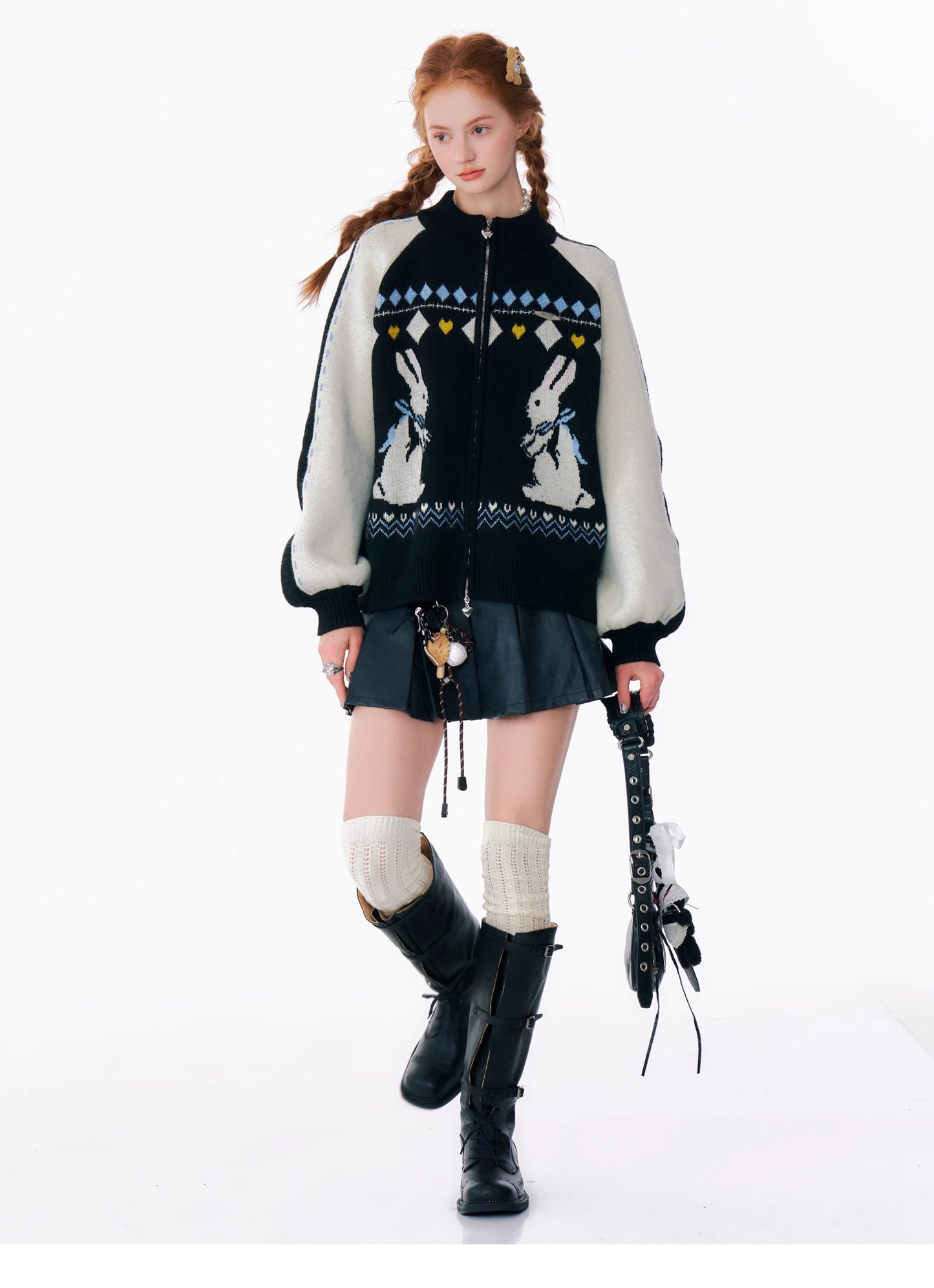 ziziFei Rabbit Print Zip-Up Cardigan