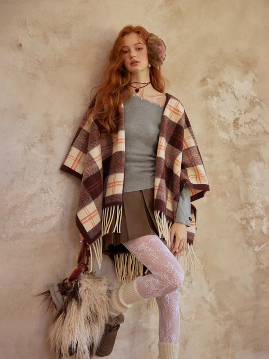 AsGony Wool Blend Plaid Fringe Scarf Wrap