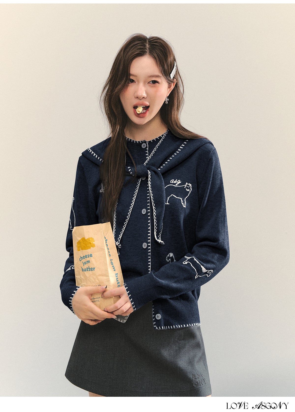 AsGony Puppy Embroidery Trim Hooded Knit Set
