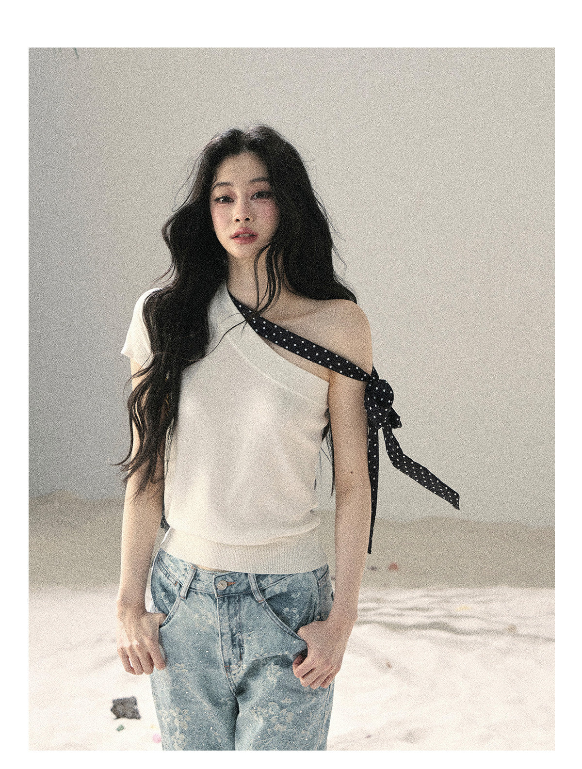 ShaoYeYan Aomalm Morning Dew & Evening Breeze American Off-Shoulder Polka Dot Tee