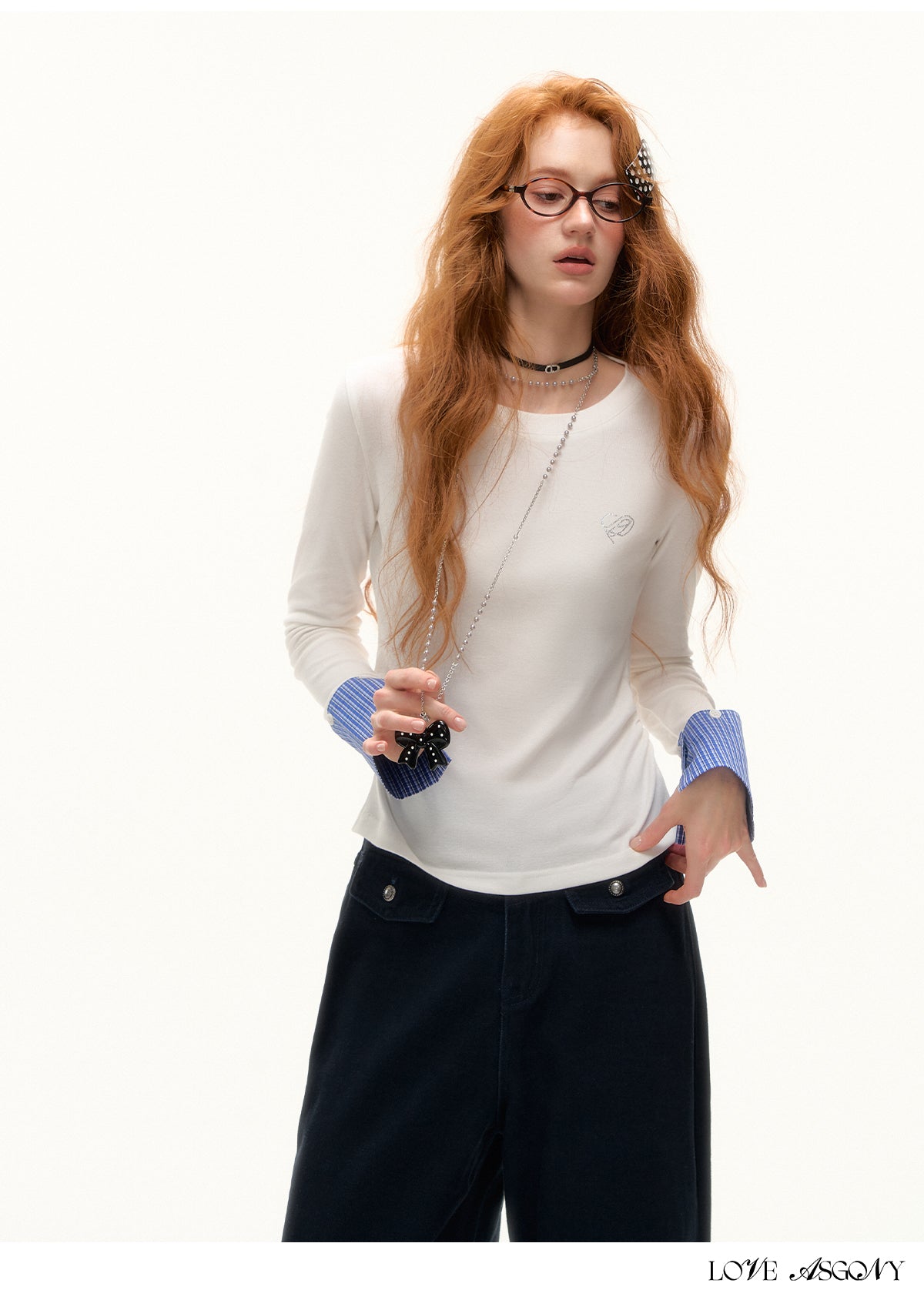 AsGony Detachable Cuff Plaid Long Sleeve T-Shirt