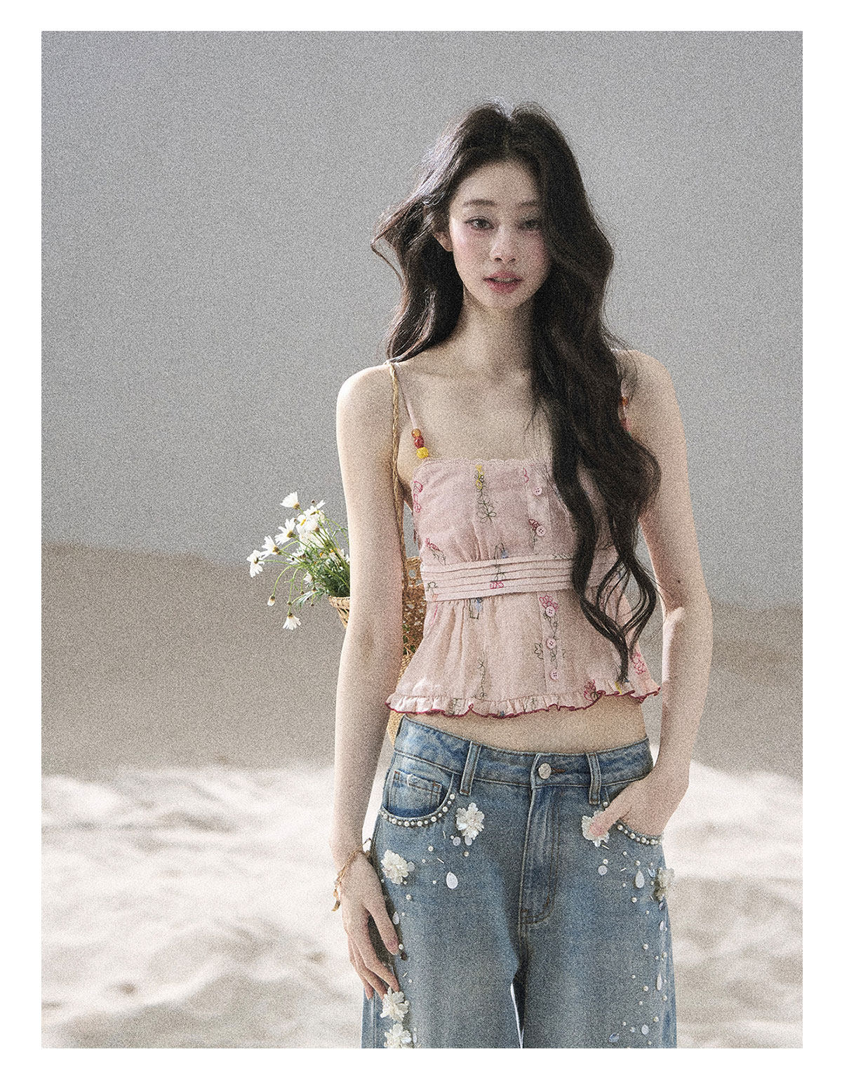ShaoYeYan Aomalm Wildly Growing Flowers Lace Floral Ramie Top
