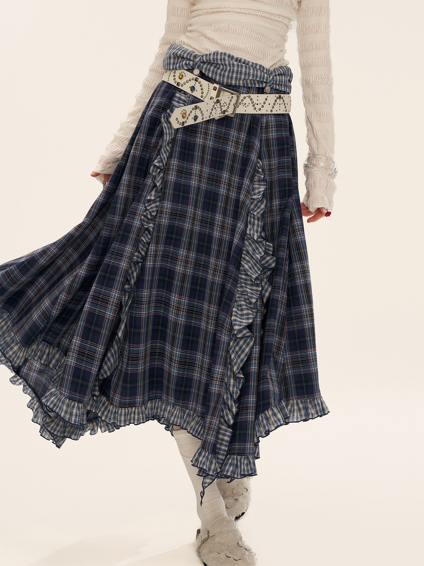 MAMC Asymmetrical Ruffle Hem Plaid Skirt