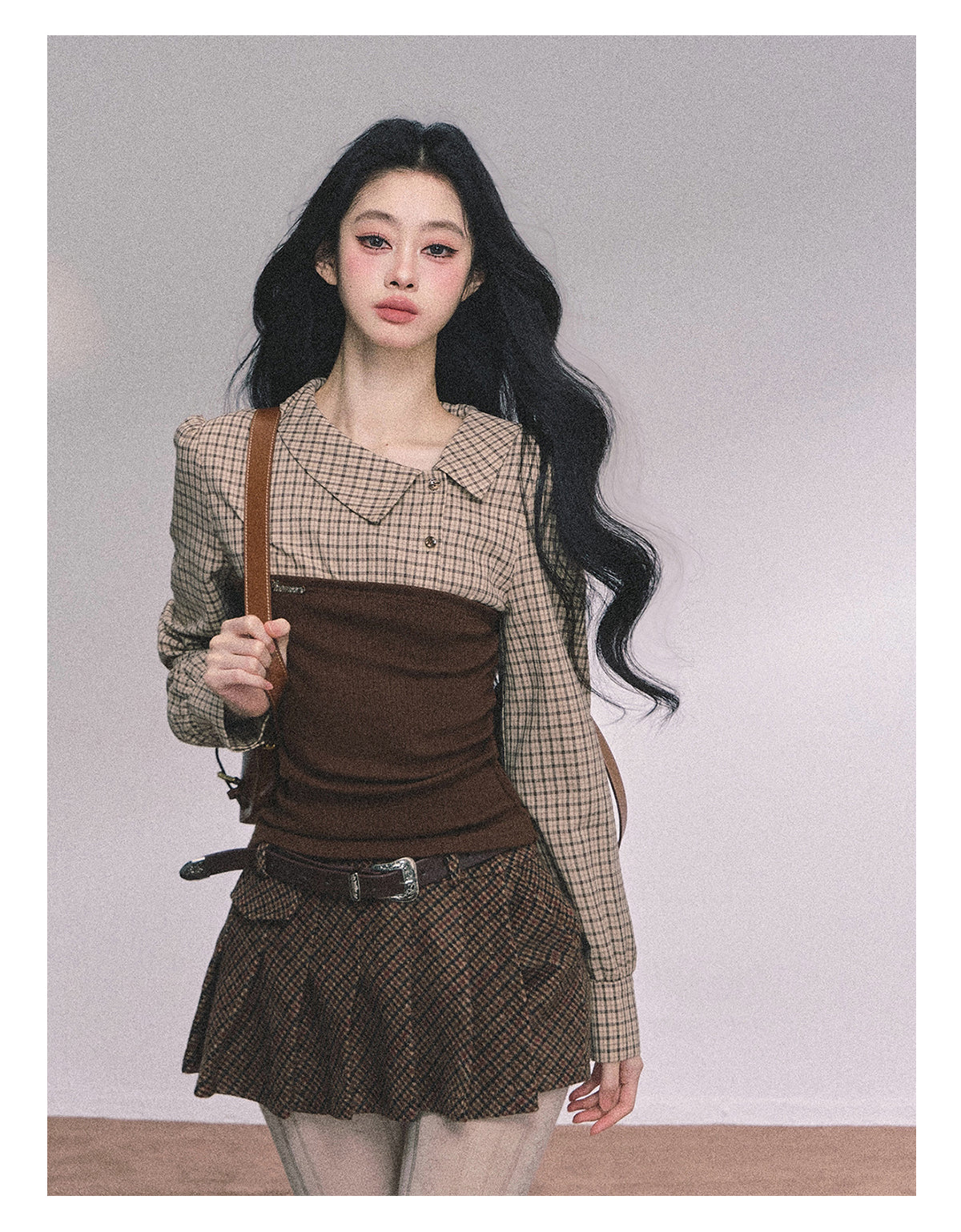 ShaoYeYan U.S. Study Abroad Outfit Fake Two-Layer Plaid Knit T-Shirt