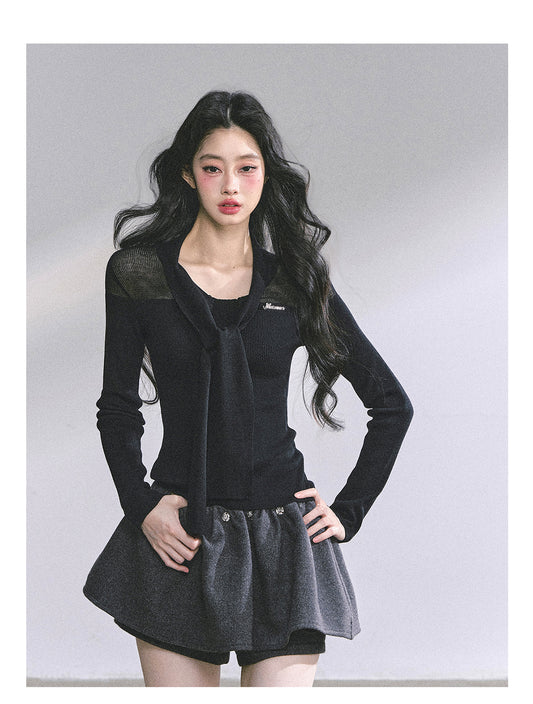 SHAOYEYAN Black Knitted Long Sleeve T-Shirt