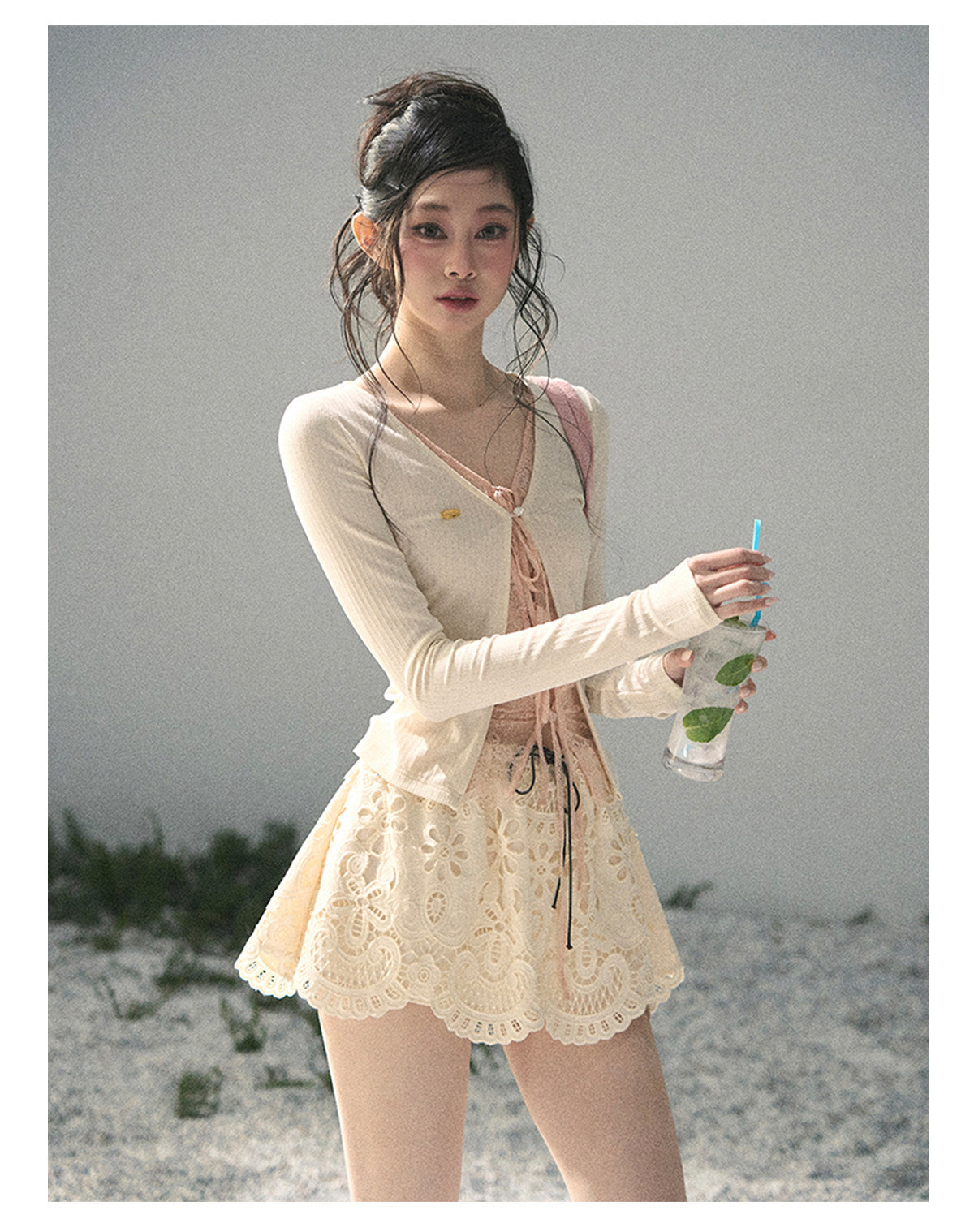 ShaoYeYan Aomalm Dreams Born in Cracks Fake Two-Layer Korean Lace Top
