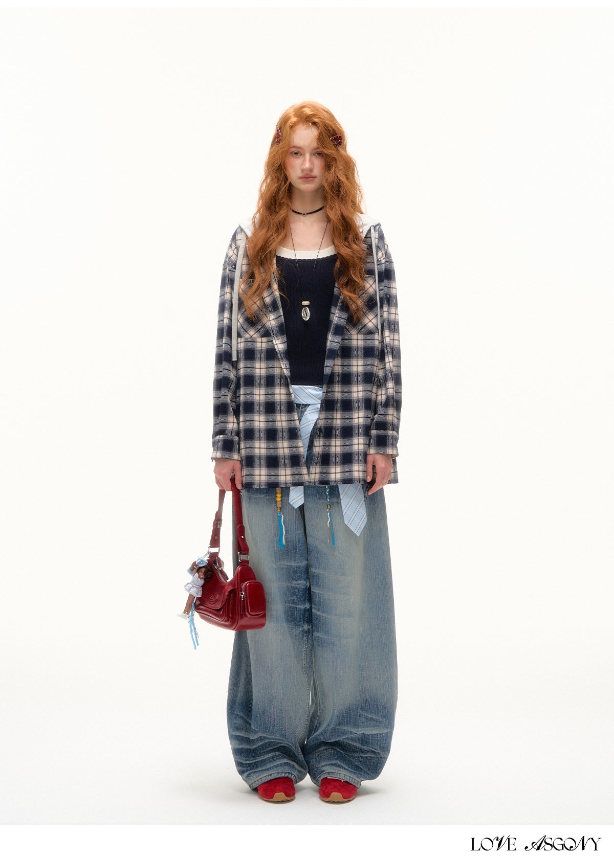 AsGony Retro Plaid Colorblock Hooded Shirt