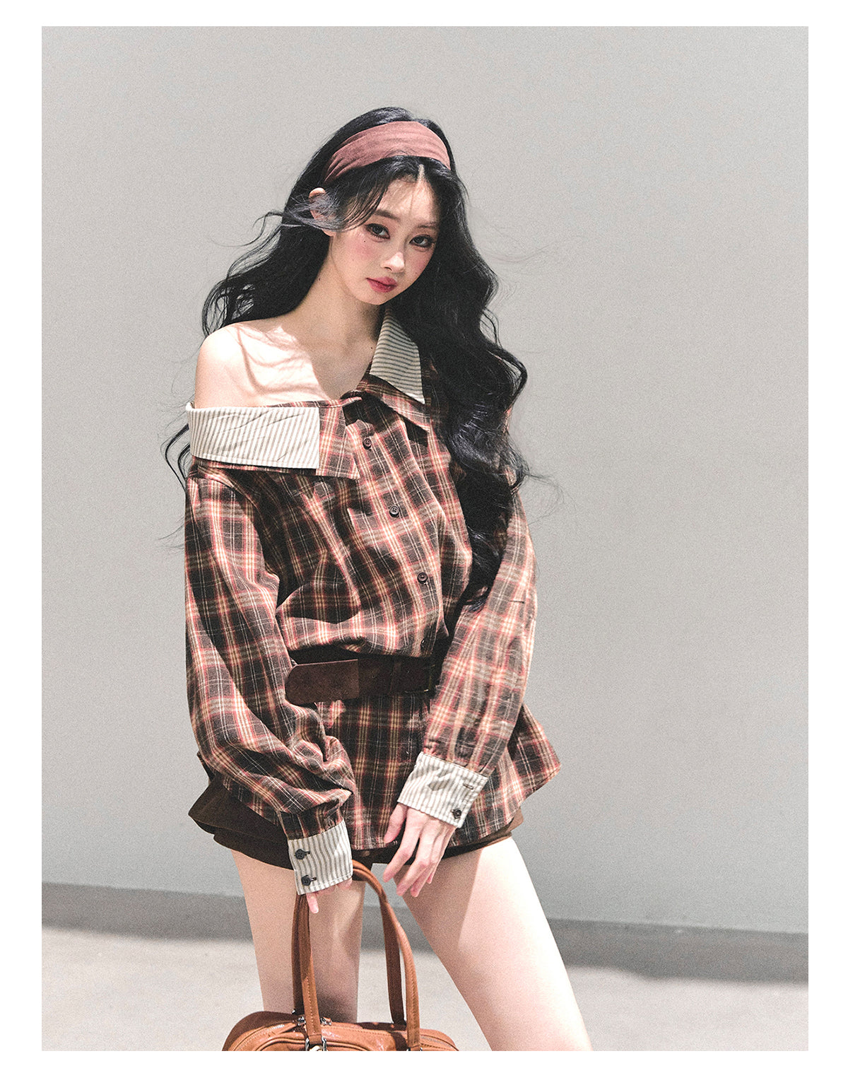ShaoYeYan Streets She Passed Off-Shoulder Plaid Shirt