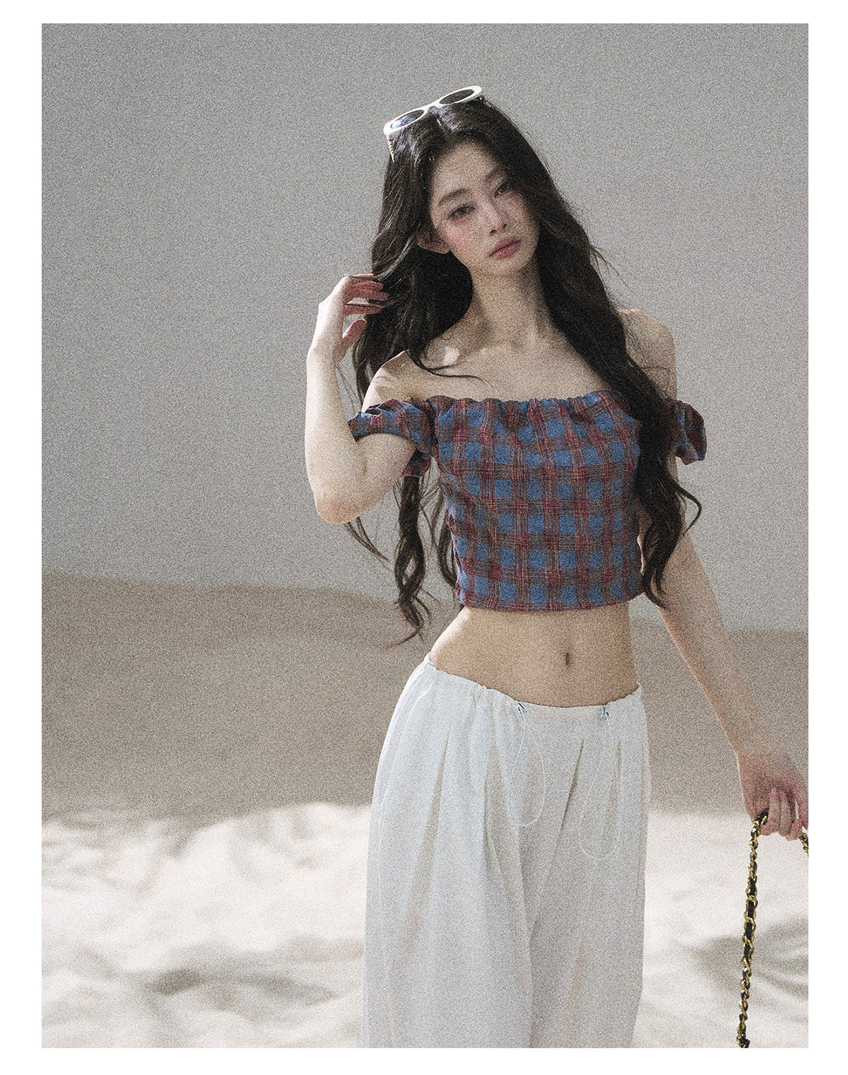ShaoYeYan Aomalm Plaid Old Times Off-Shoulder Short Sleeve Top