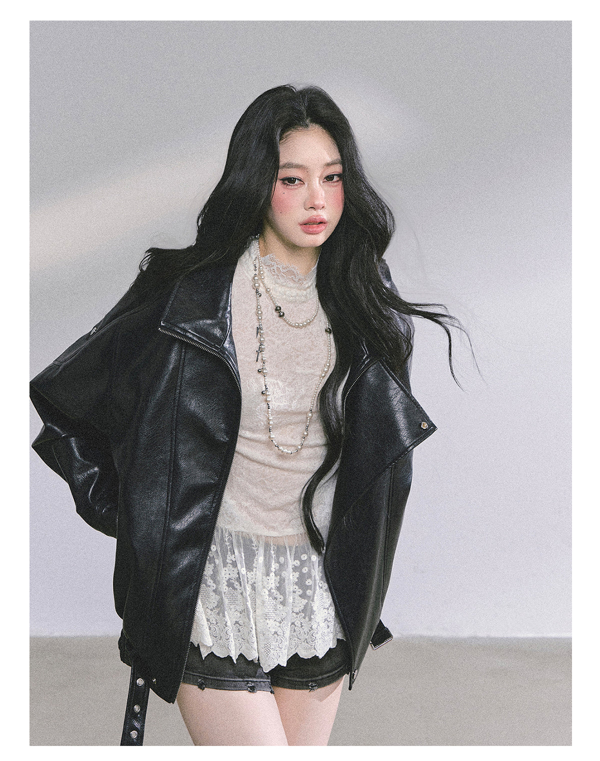 ShaoYeYan Mafia Princess Oversized Slim-Fit Black PU Leather Jacket
