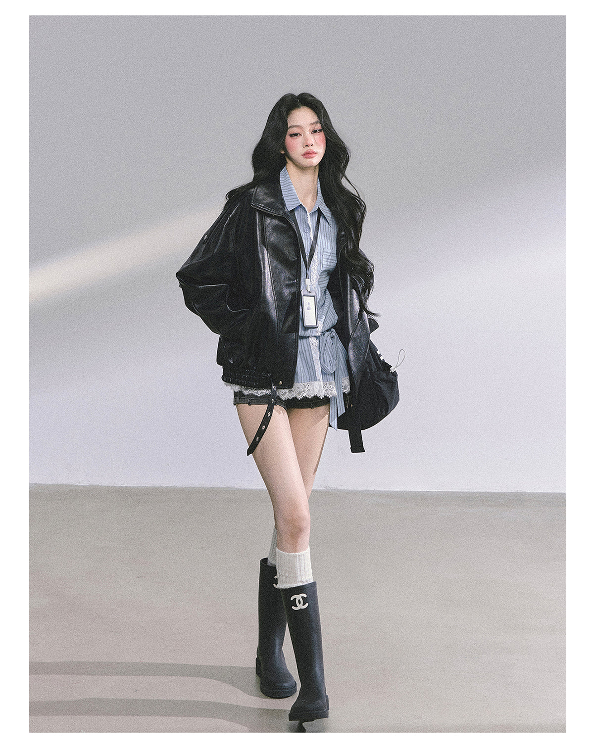 ShaoYeYan Mafia Princess Oversized Slim-Fit Black PU Leather Jacket