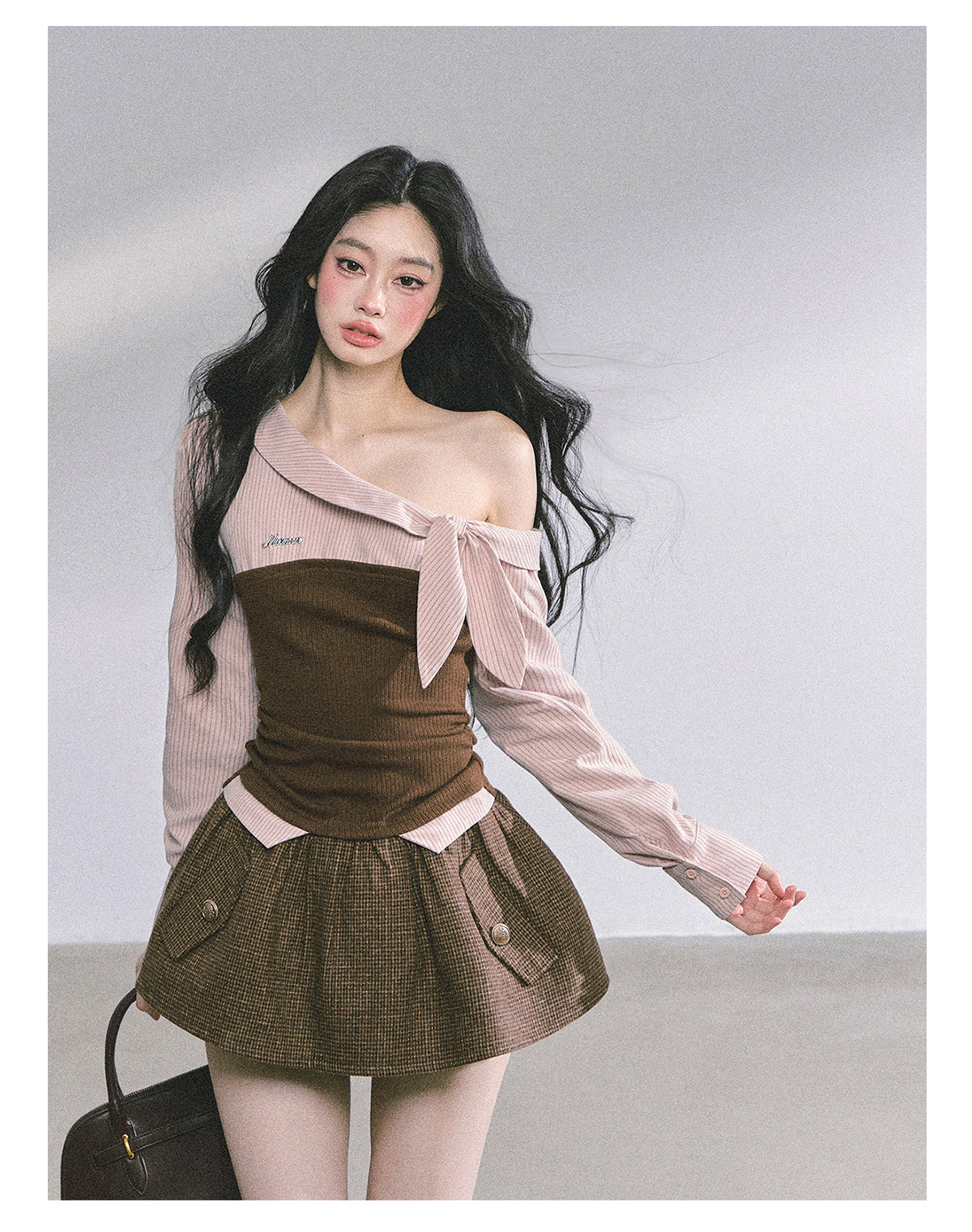ShaoYeYan Fake Two-Piece Off-Shoulder Plaid T-Shirt