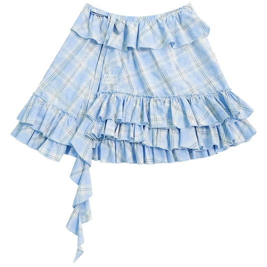 ziziFei Retro Blue Checkered Skirt