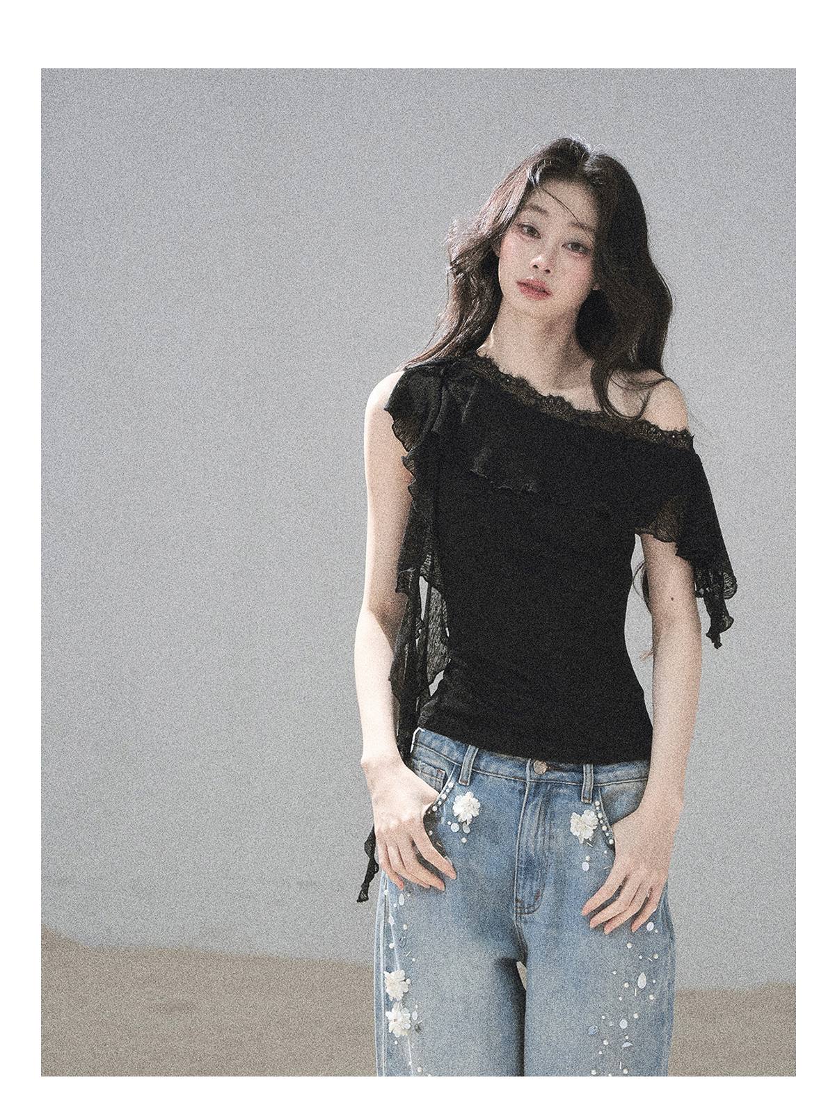 ShaoYeYan Aomalm Before Sunset Falls Korean Off-Shoulder Lace Top