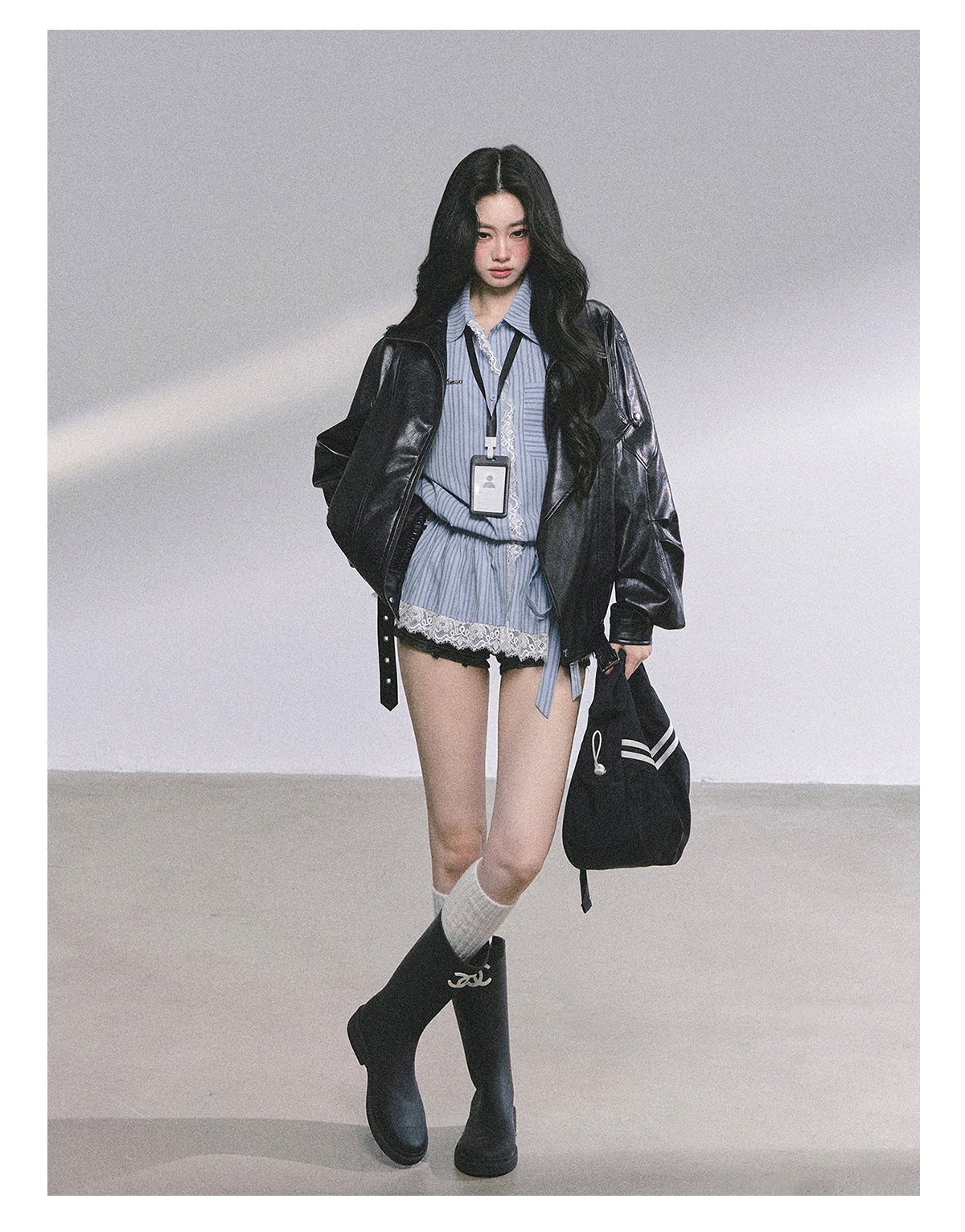ShaoYeYan Mafia Princess Oversized Slim-Fit Black PU Leather Jacket