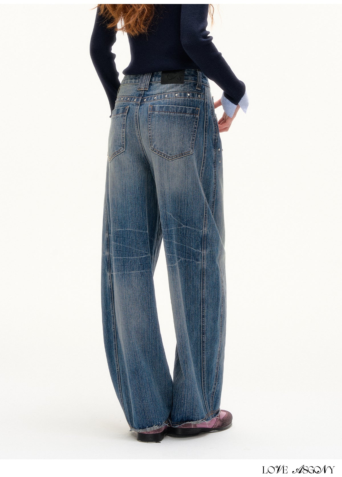 AsGony American Retro Rivet Washed Flared Jeans