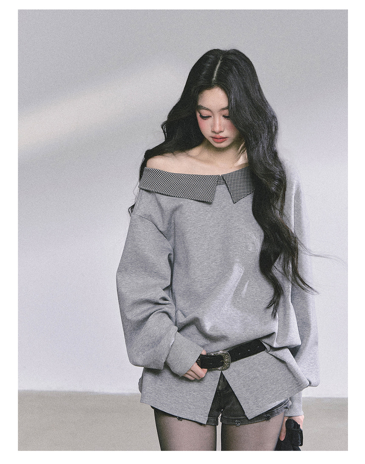 ShaoYeYan Intellectual Balmain Loose Off-Shoulder Plaid Sweatshirt