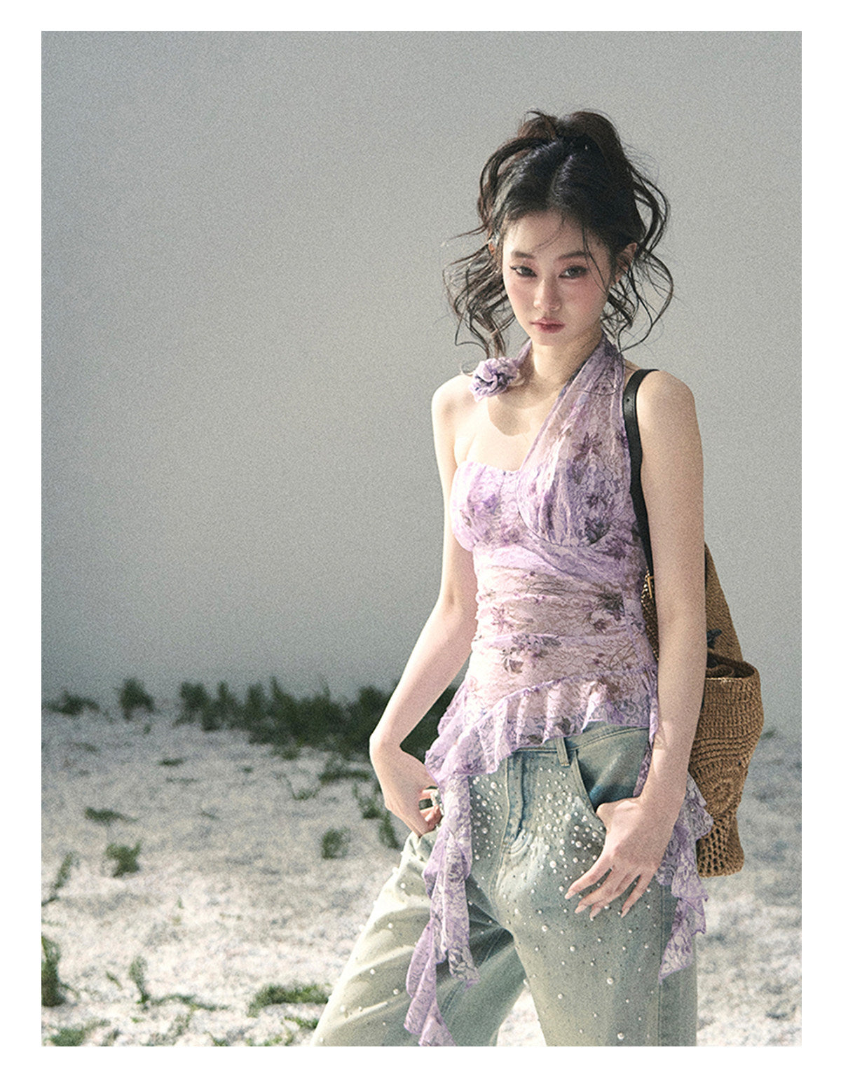 ShaoYeYan Aomalm Bauhinia Blooms Asymmetric Sheer Ribbon Top