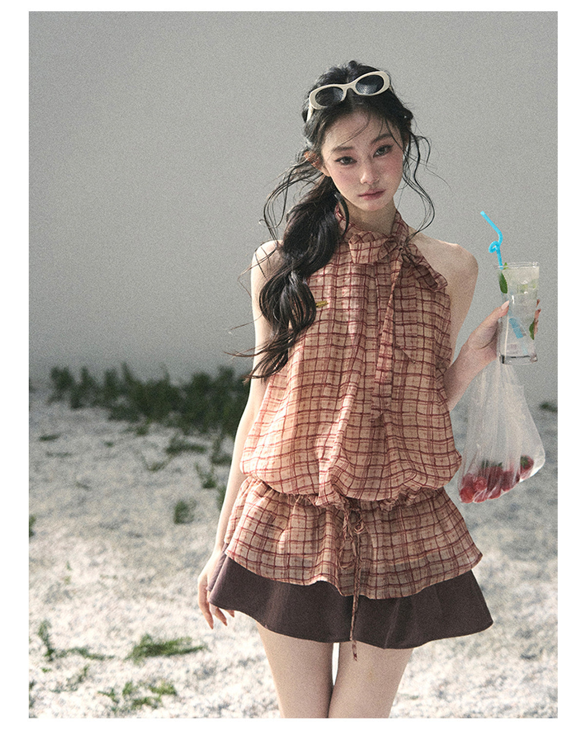 ShaoYeYan Aomalm Maple Red Whisper French Plaid Halter Top