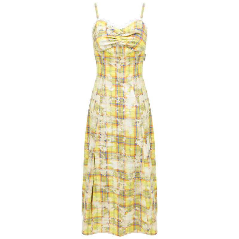 ziziFei Retro Yellow Plunge Neckline Dress